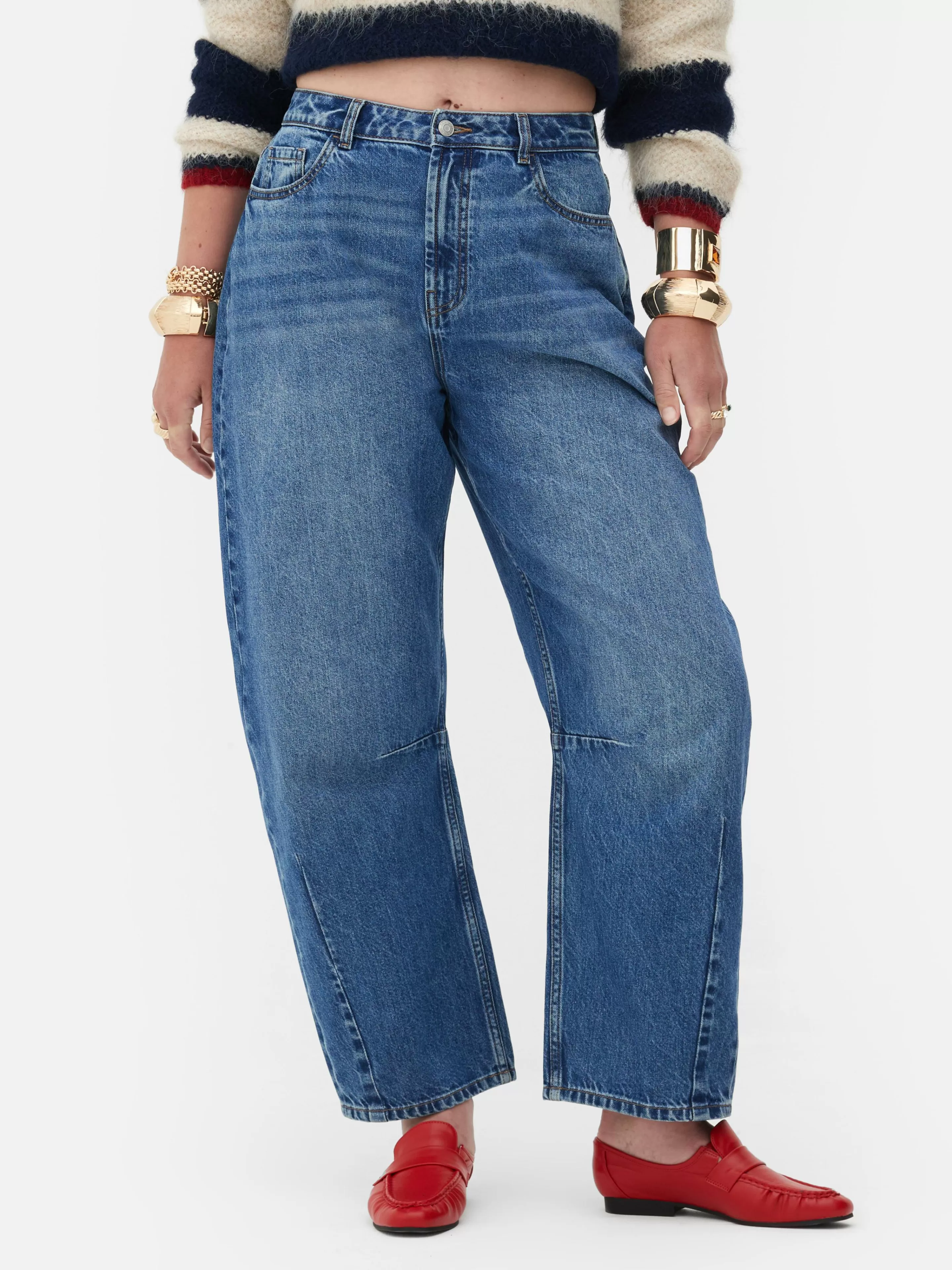 Calças De Ganga*Primark Calças Ganga Corte Barrel Lavagem ácida Rita Ora Azul-médio