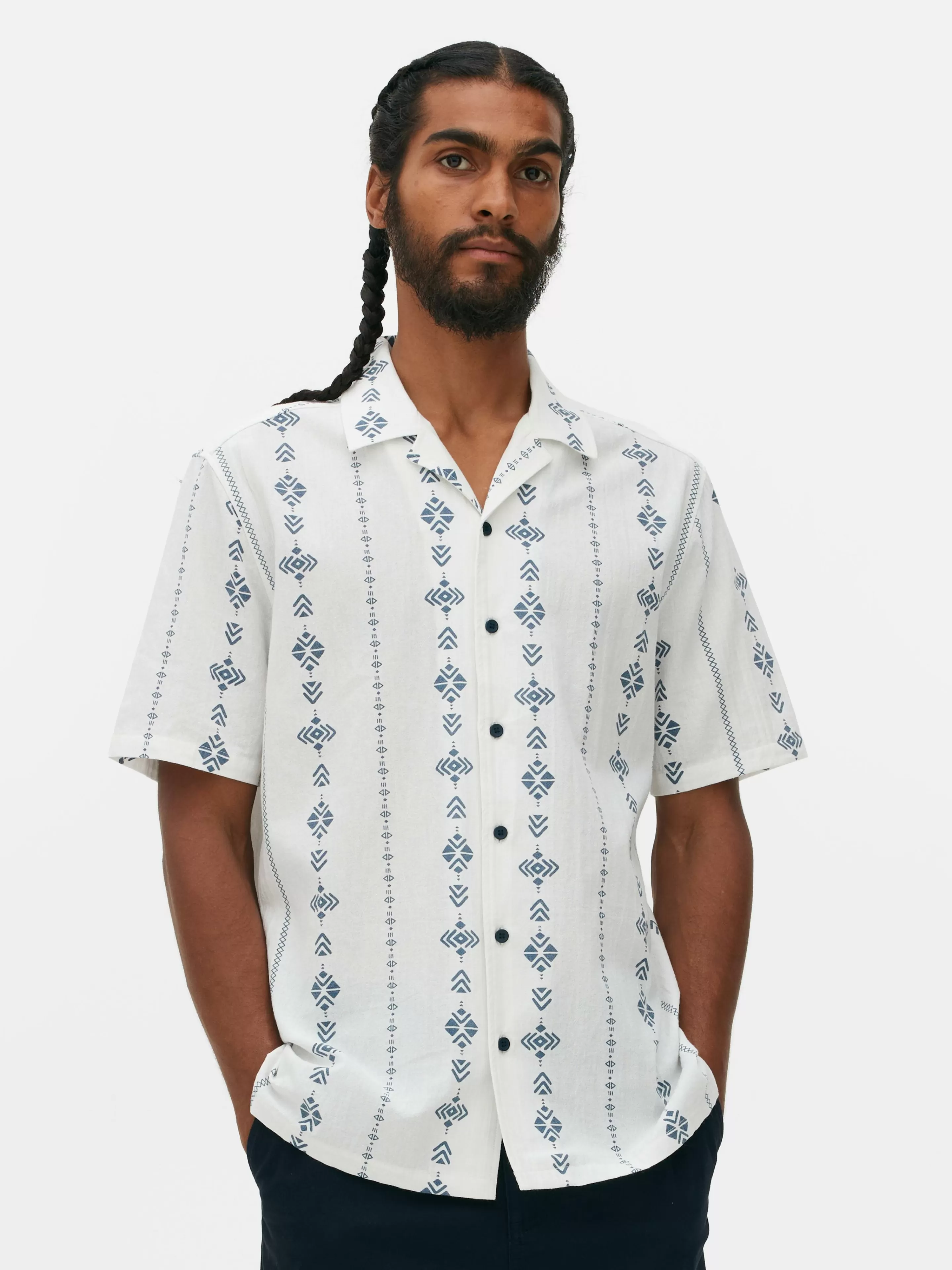 Camisas*Primark Camisa Manga Curta Tecido Enrugado Padrão Geométrico Cru