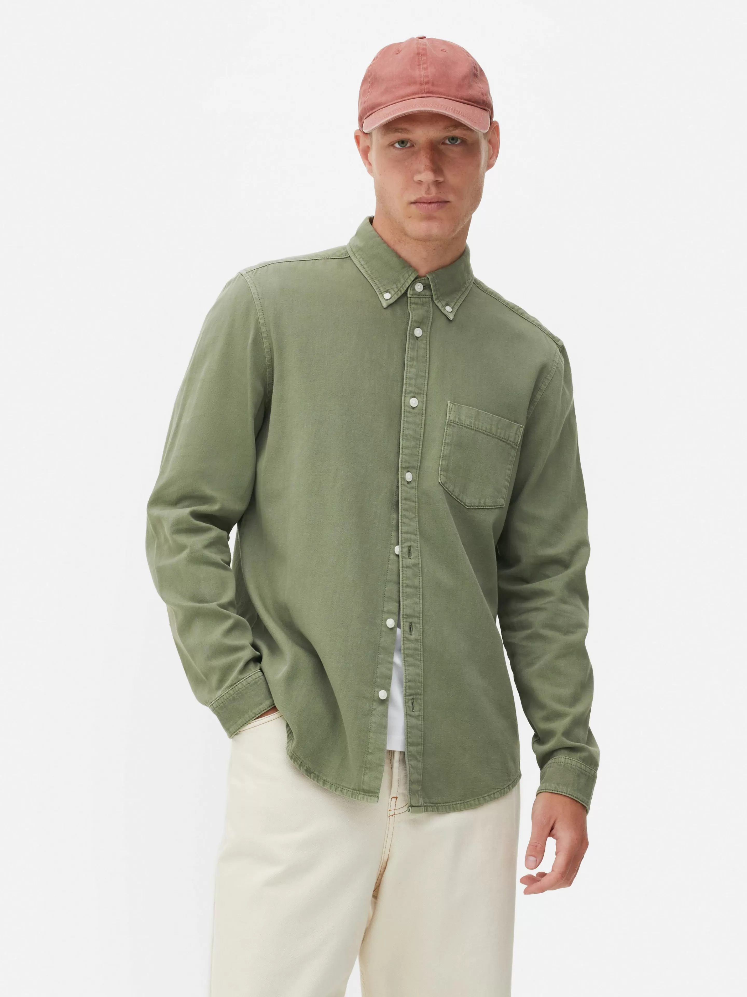 Camisas*Primark Camisa Sarja Algodão Manga Comprida Verde-claro