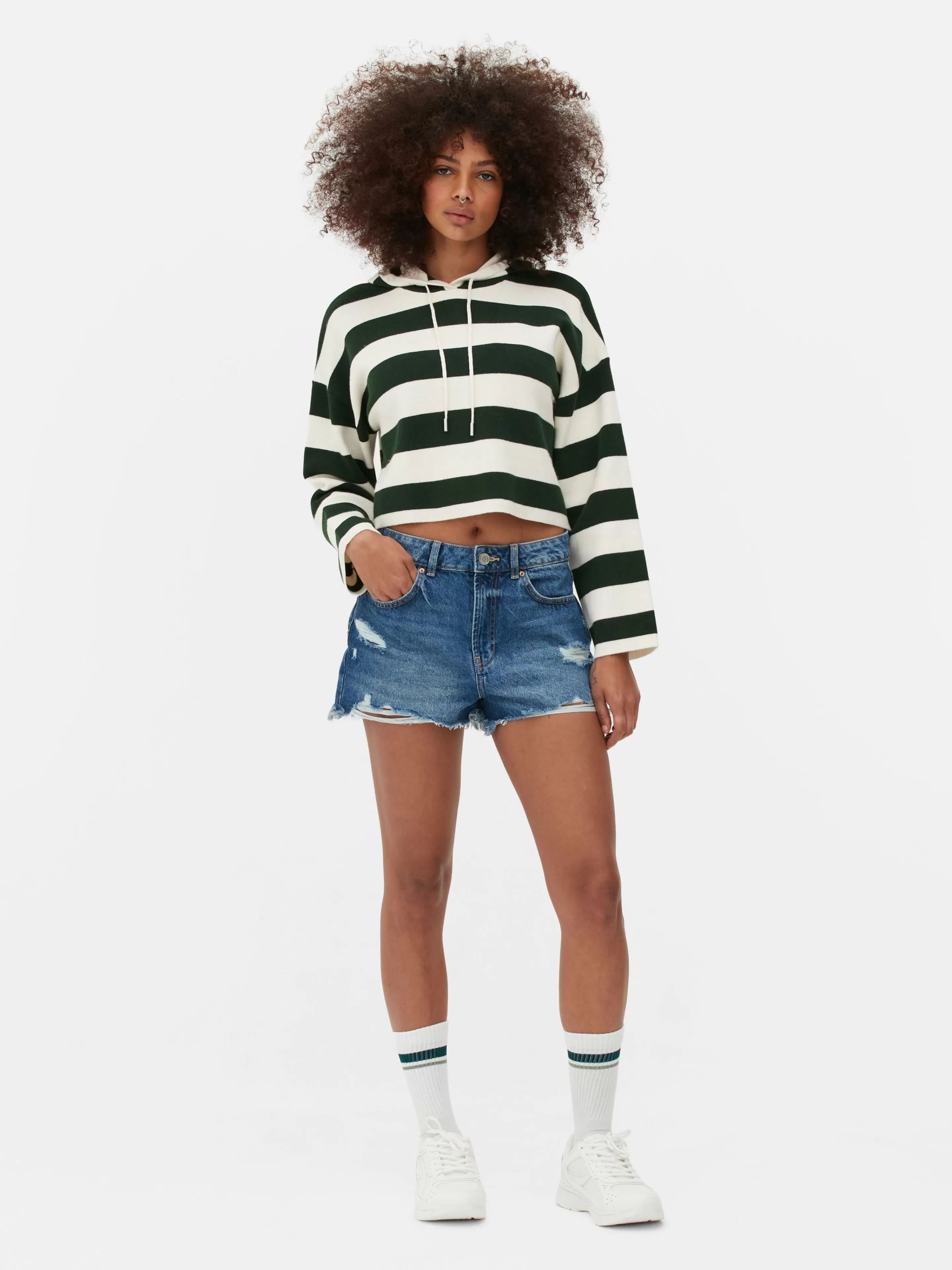 Camisolas E Casacos De Malha*Primark Camisola Capuz Malha Riscas Verde