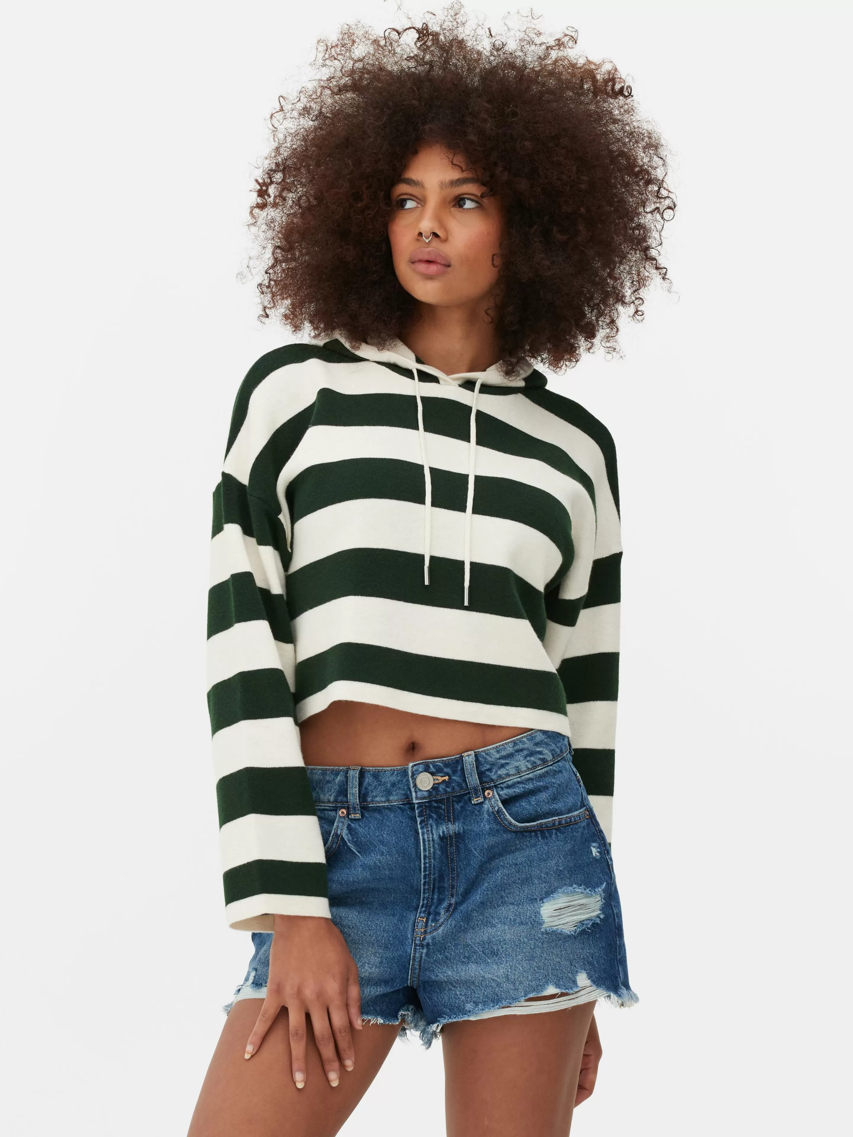 Camisolas E Casacos De Malha*Primark Camisola Capuz Malha Riscas Verde