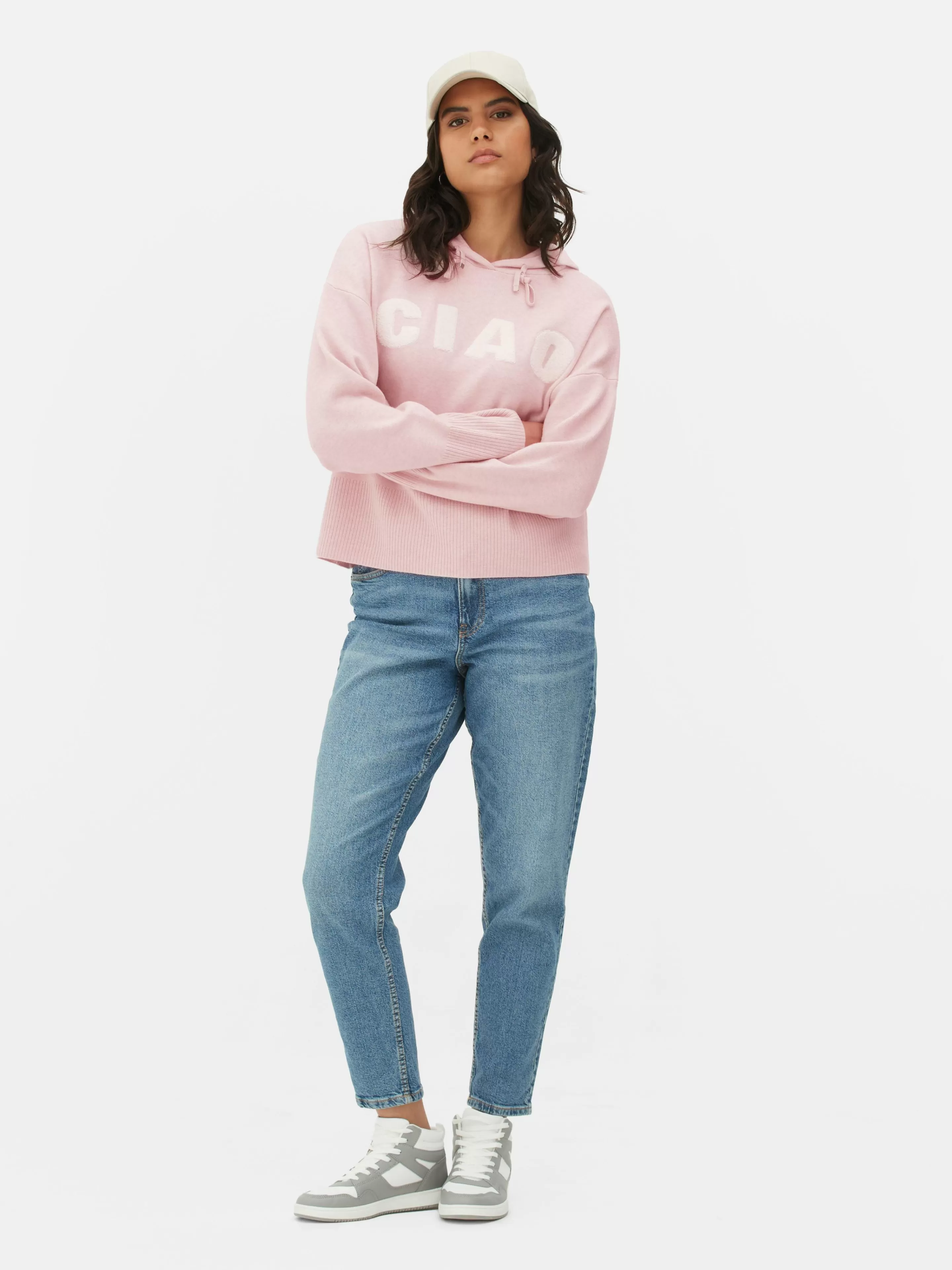 Camisolas Com E Sem Capuz | Camisolas E Casacos De Malha*Primark Camisola Capuz Malha Slogan Rosa-pálido