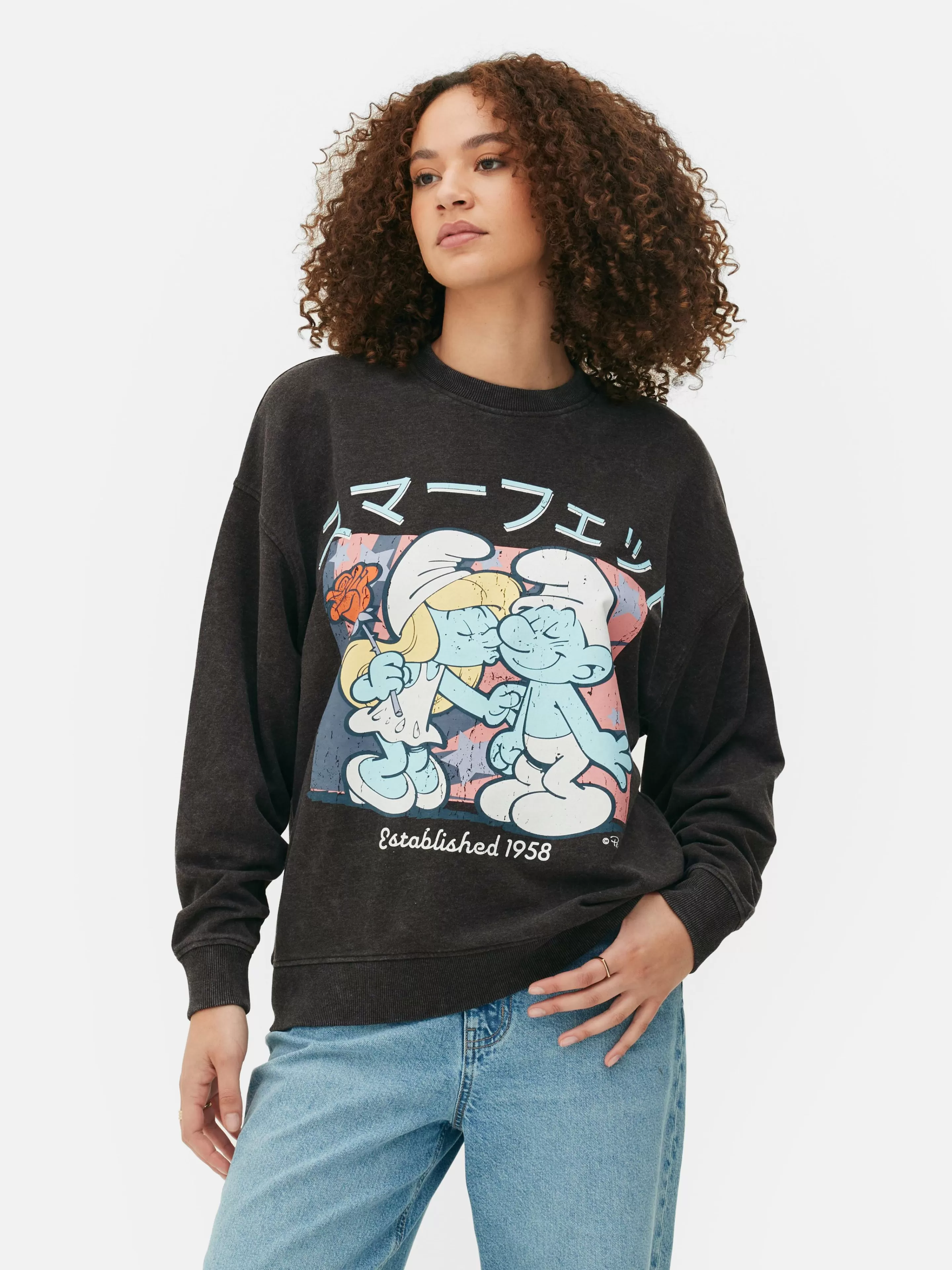 Camisolas Com E Sem Capuz*Primark Camisola Gráfica Corte Largo The Smurfs Carvão