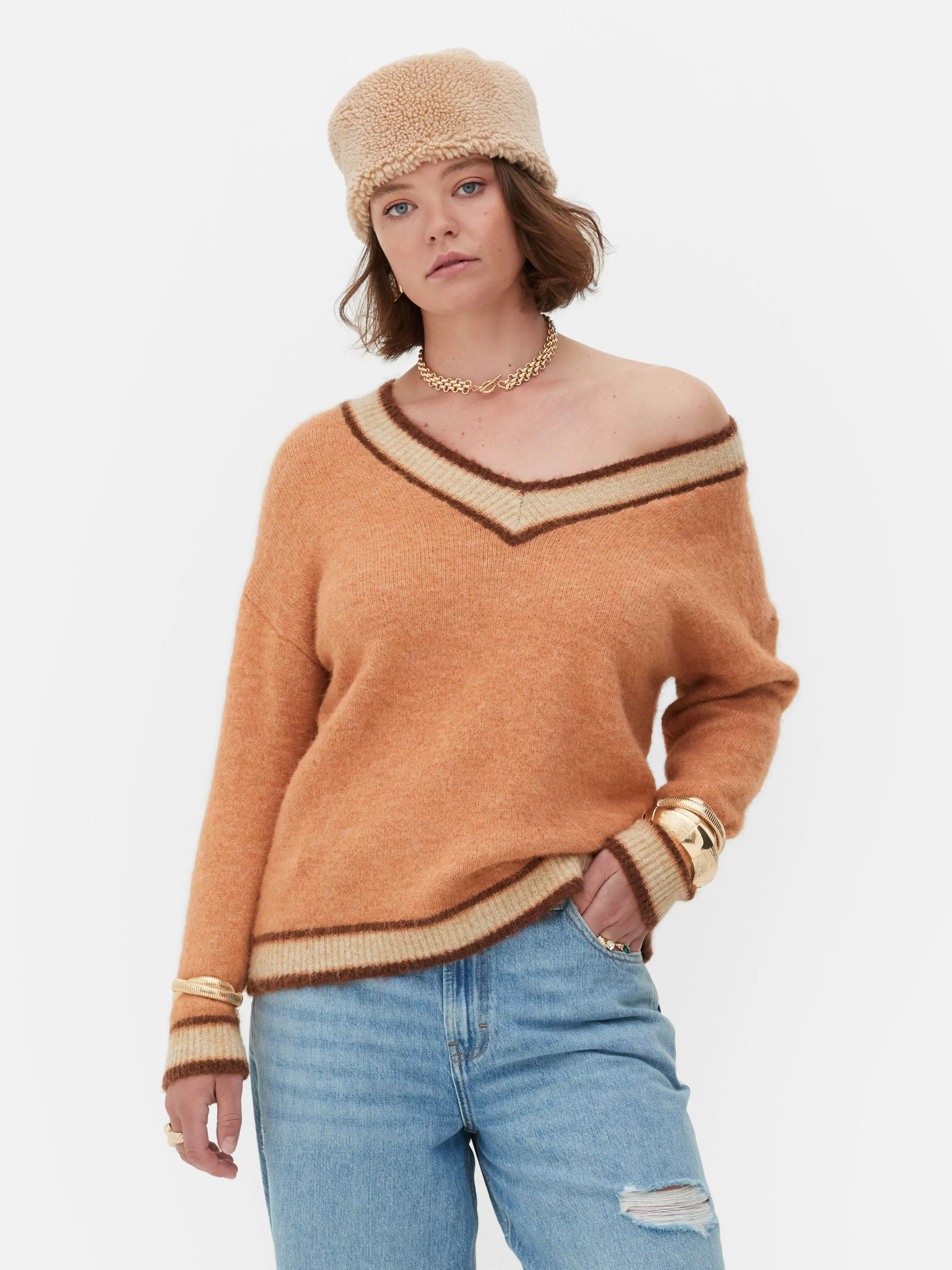 Agasalhos Inverno | Camisolas E Casacos De Malha*Primark Camisola Malha Decote V Estilo Vintage Rita Ora Pêssego