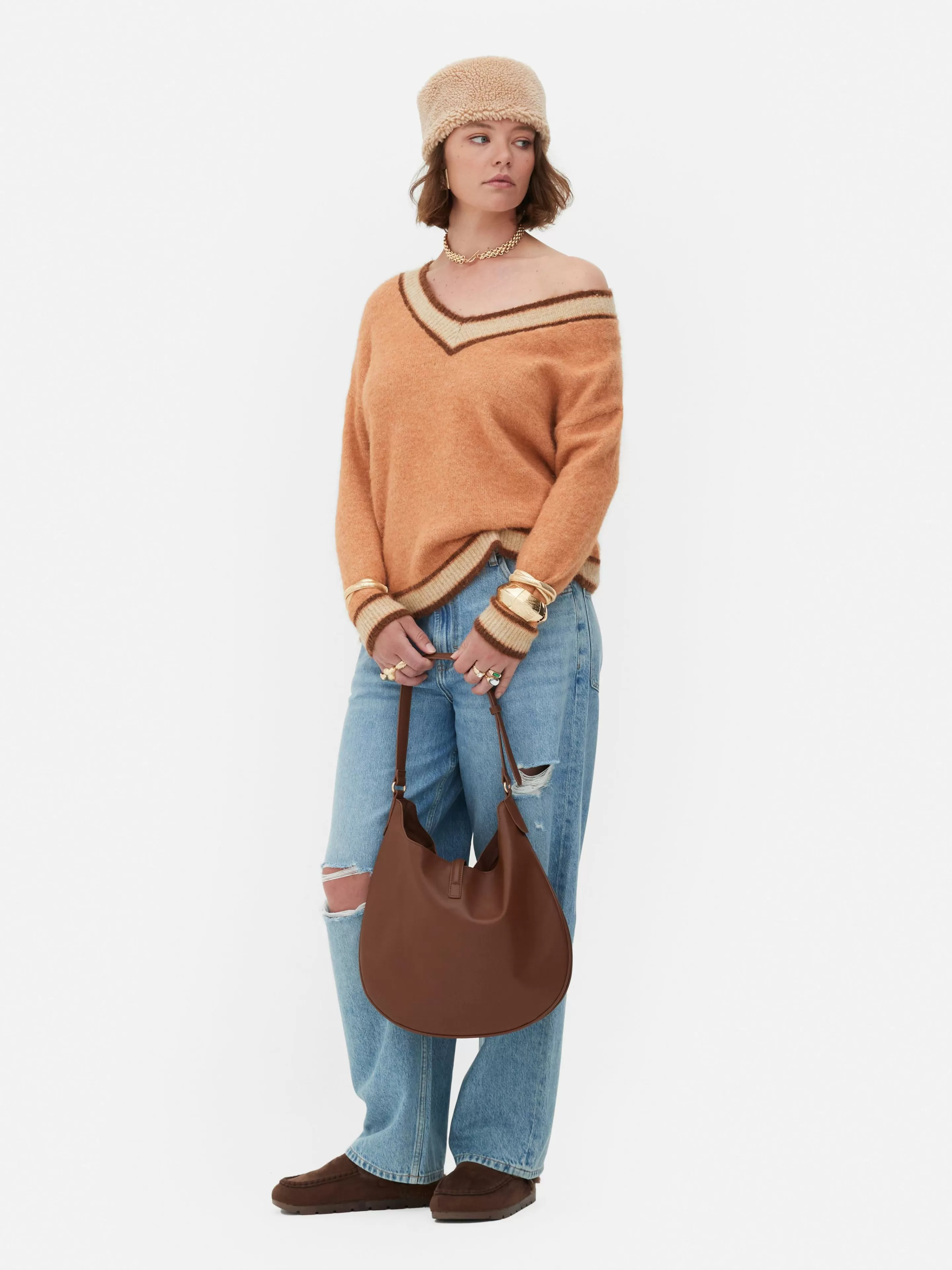 Agasalhos Inverno | Camisolas E Casacos De Malha*Primark Camisola Malha Decote V Estilo Vintage Rita Ora Pêssego