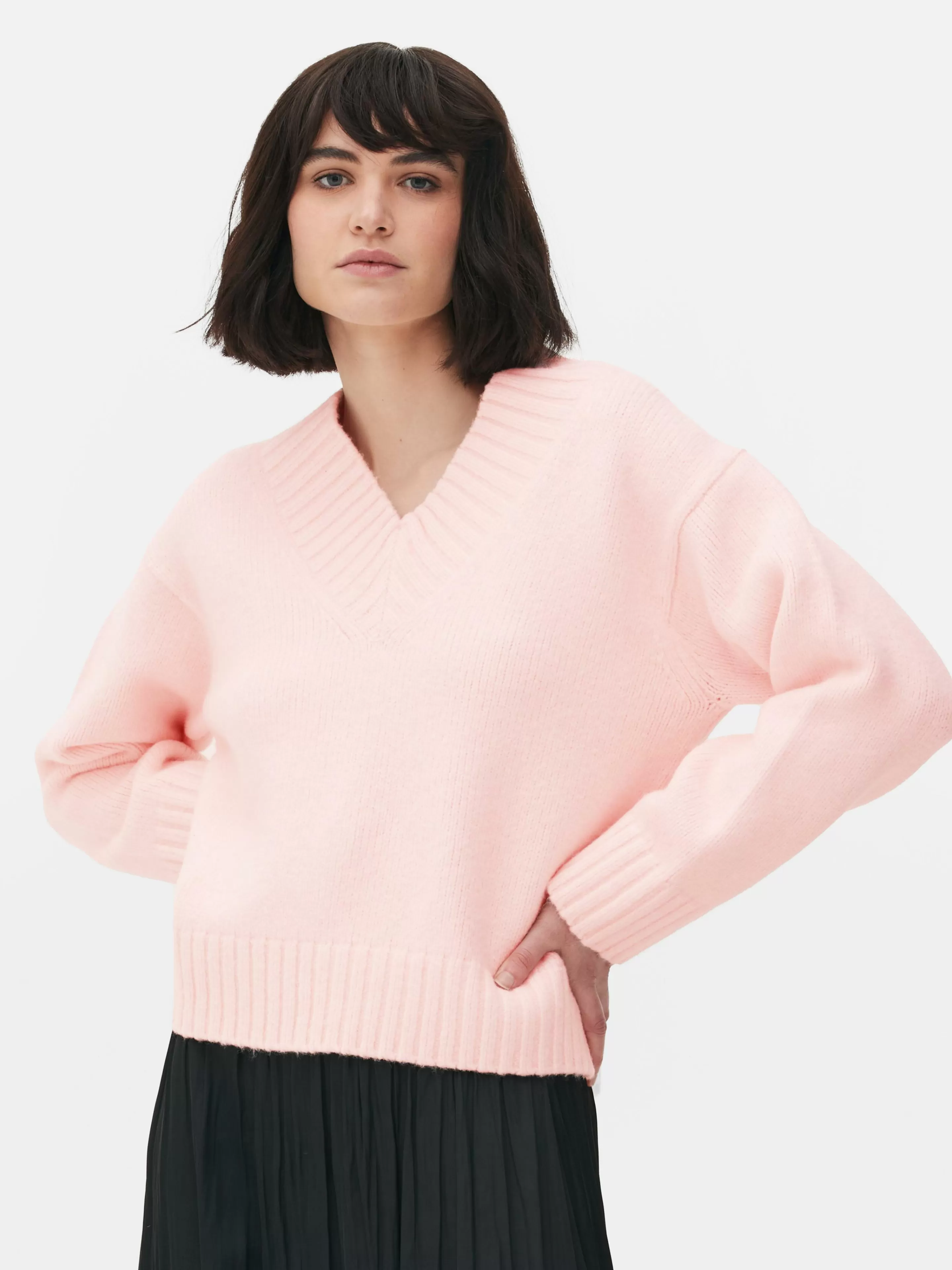 Camisolas E Casacos De Malha*Primark Camisola Malha Grossa Decote V Cor-de-rosa