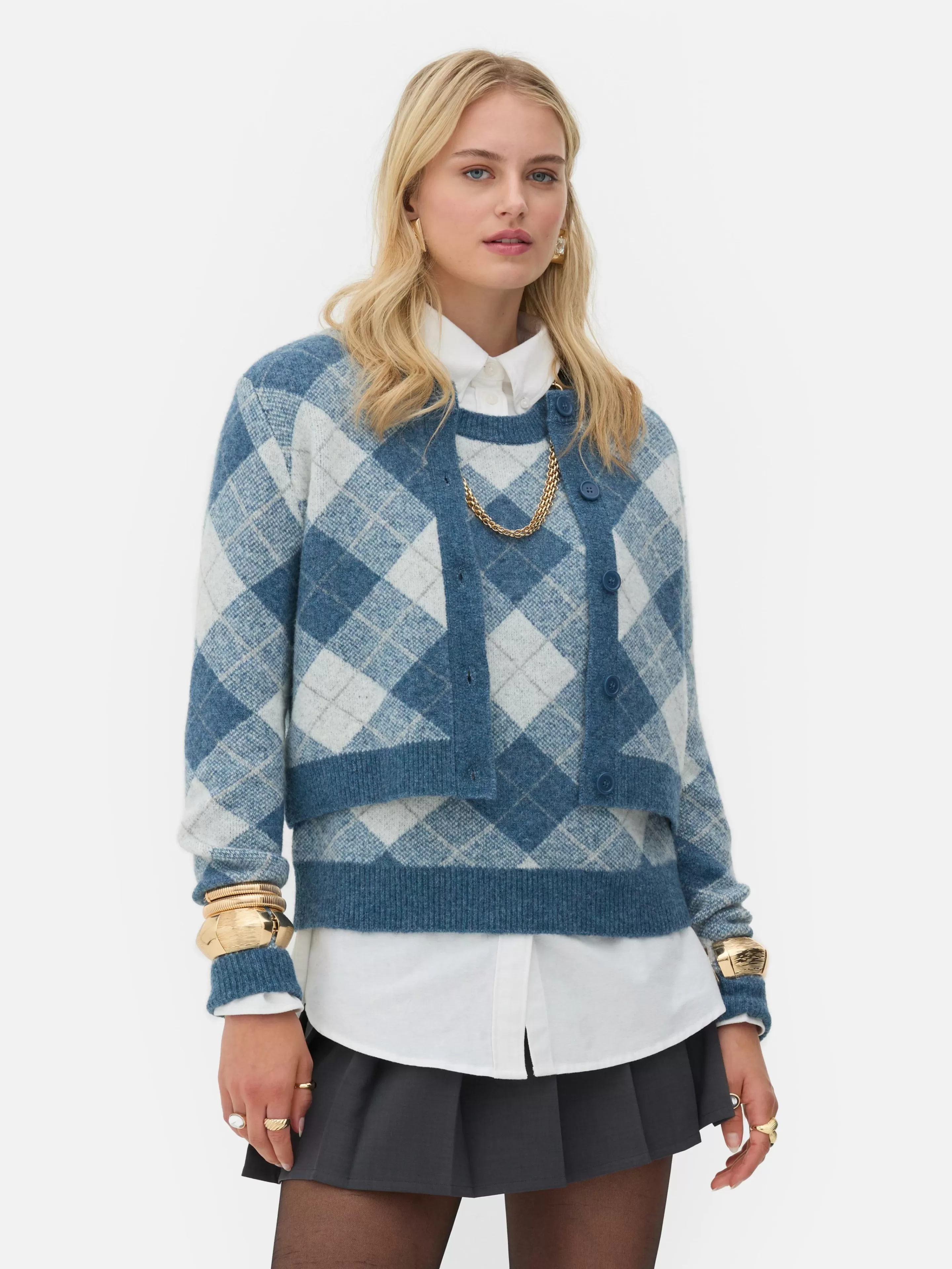 Agasalhos Inverno | Camisolas E Casacos De Malha*Primark Casaco Malha Conjunto Coordenado Argyle Rita Ora Azul