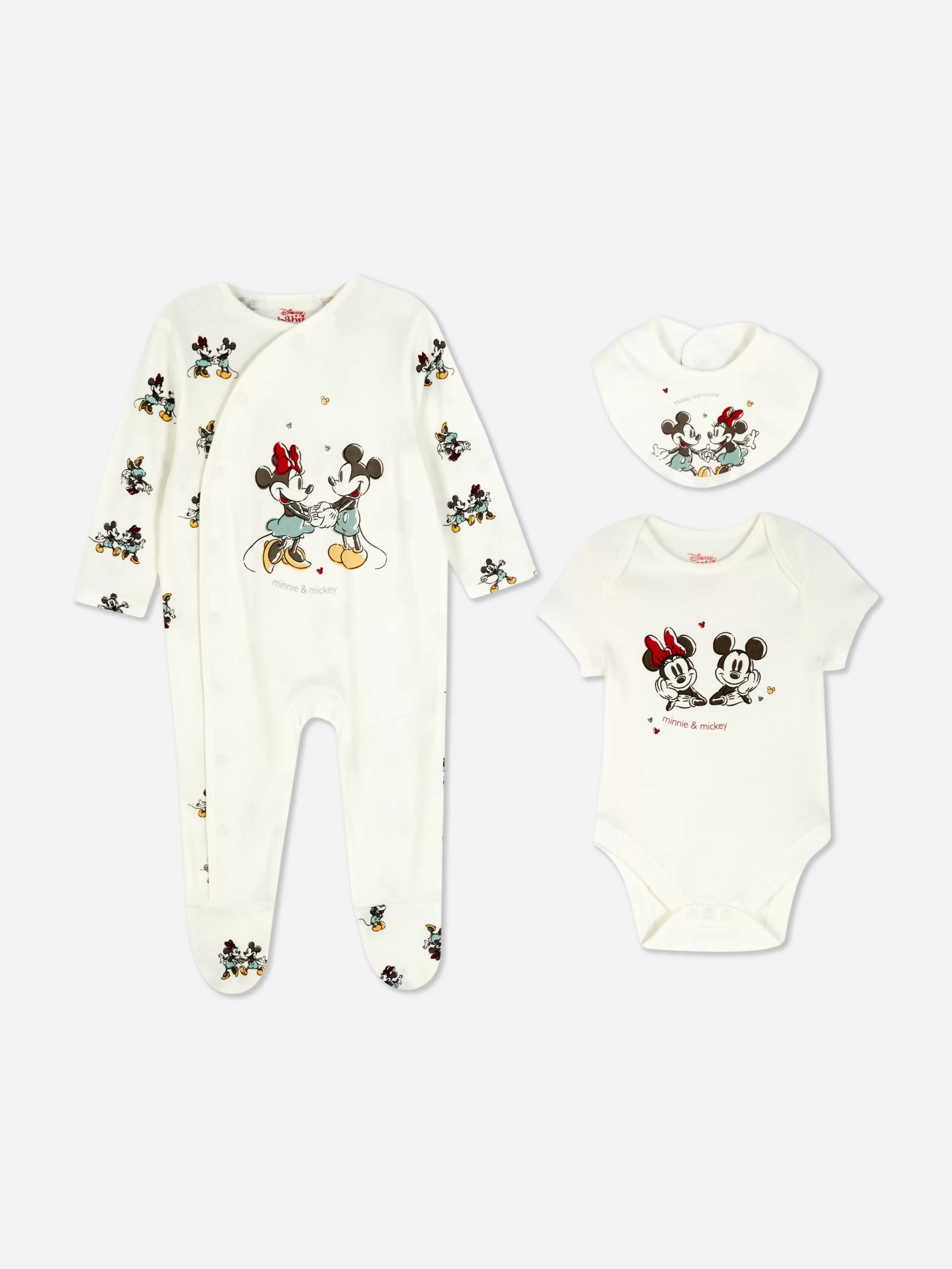 Conjuntos E Visuais*Primark Conjunto Pijama, Body E Babete Disney Mickey Mouse E Minnie Marfim