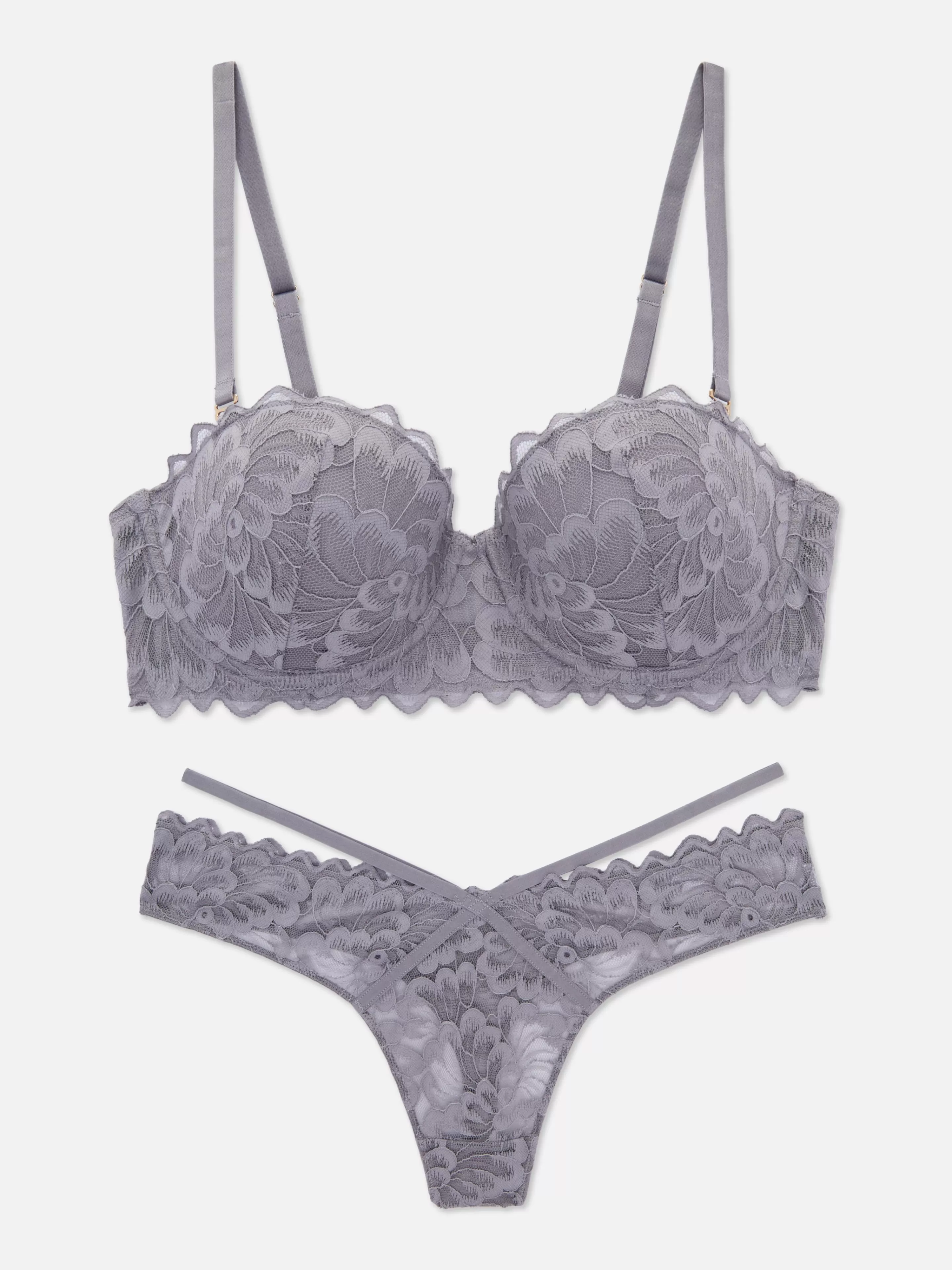 Conjuntos De Lingerie*Primark Conjunto Sutiã Balconette/tanga Renda Cinzento