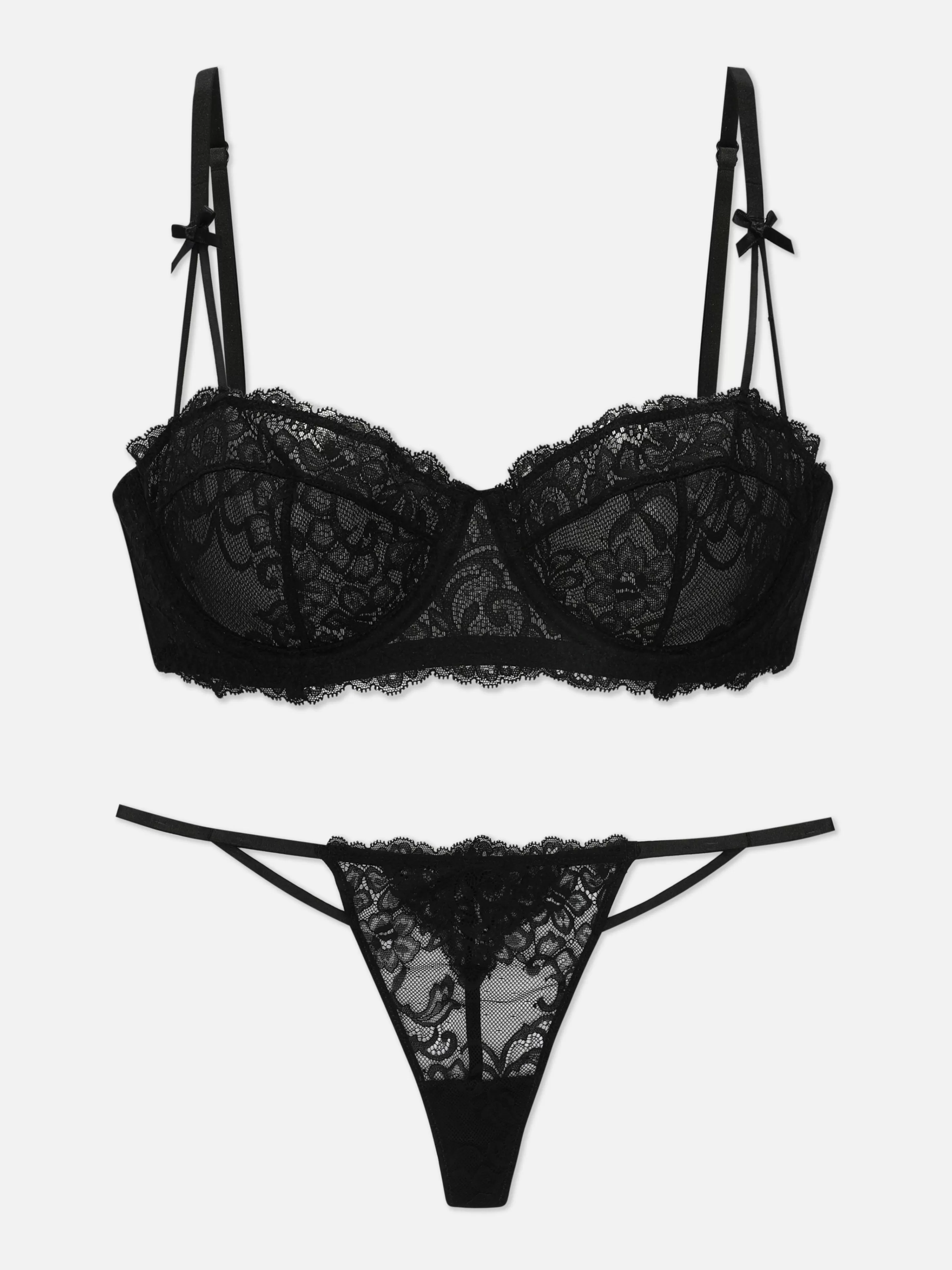 Conjuntos De Lingerie*Primark Conjunto Sutiã Balconette/tanga Renda Preto