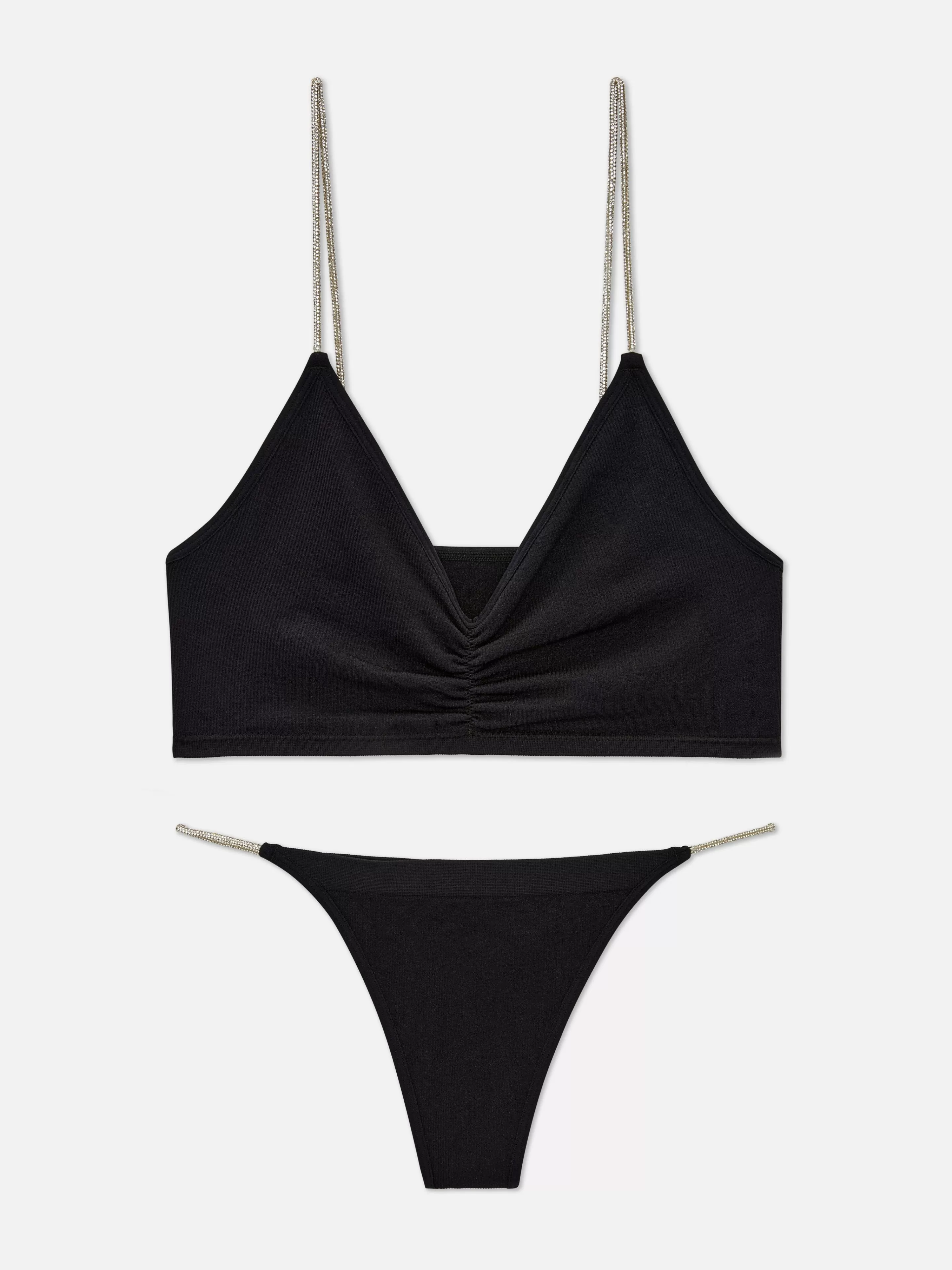 Conjuntos De Lingerie*Primark Conjunto Sutiã Bralette/tanga Tira Brilhantes Preto