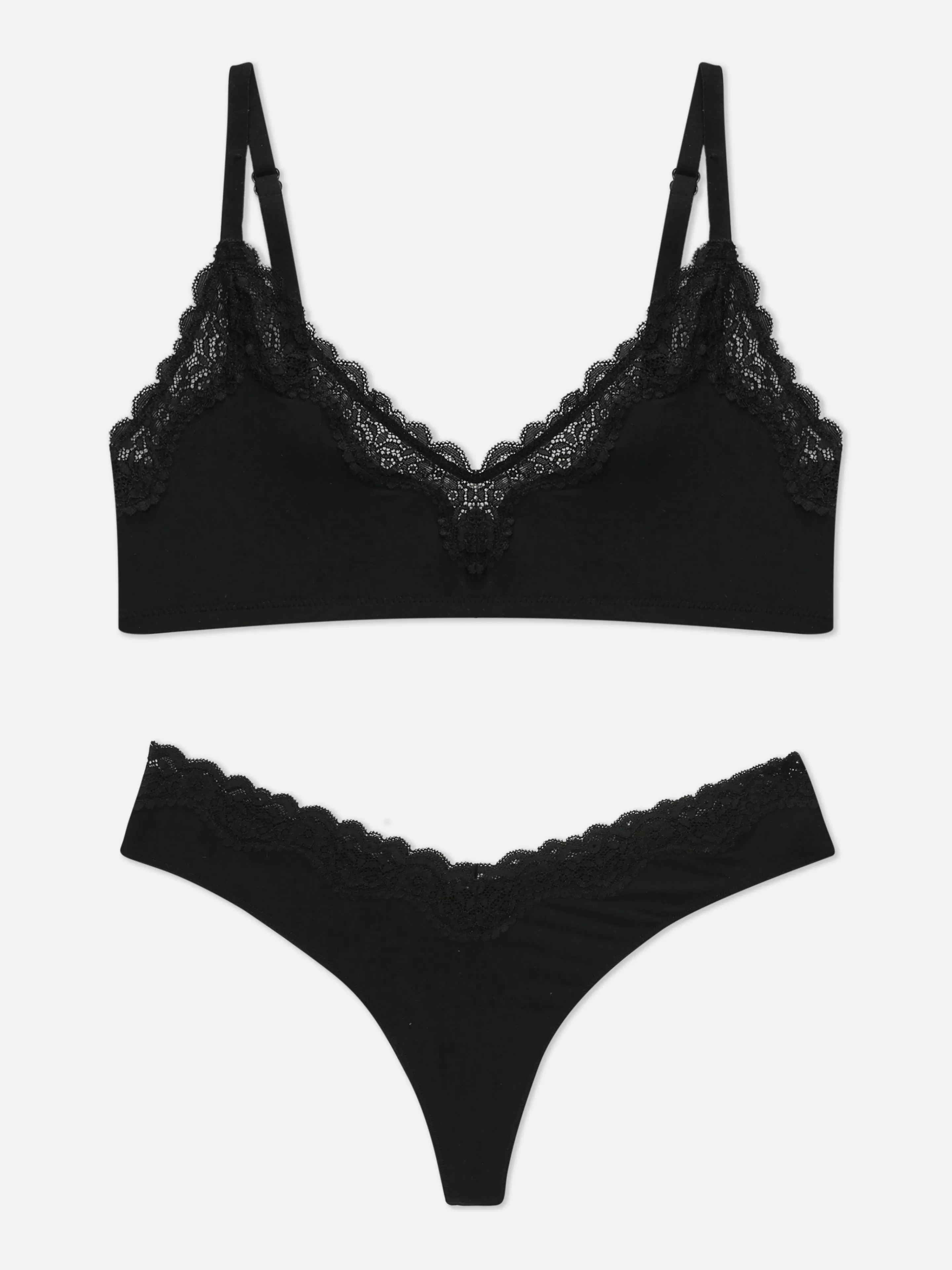 Conjuntos De Lingerie*Primark Conjunto Sutiã Não Almofadado/tanga Rebordo Renda Preto