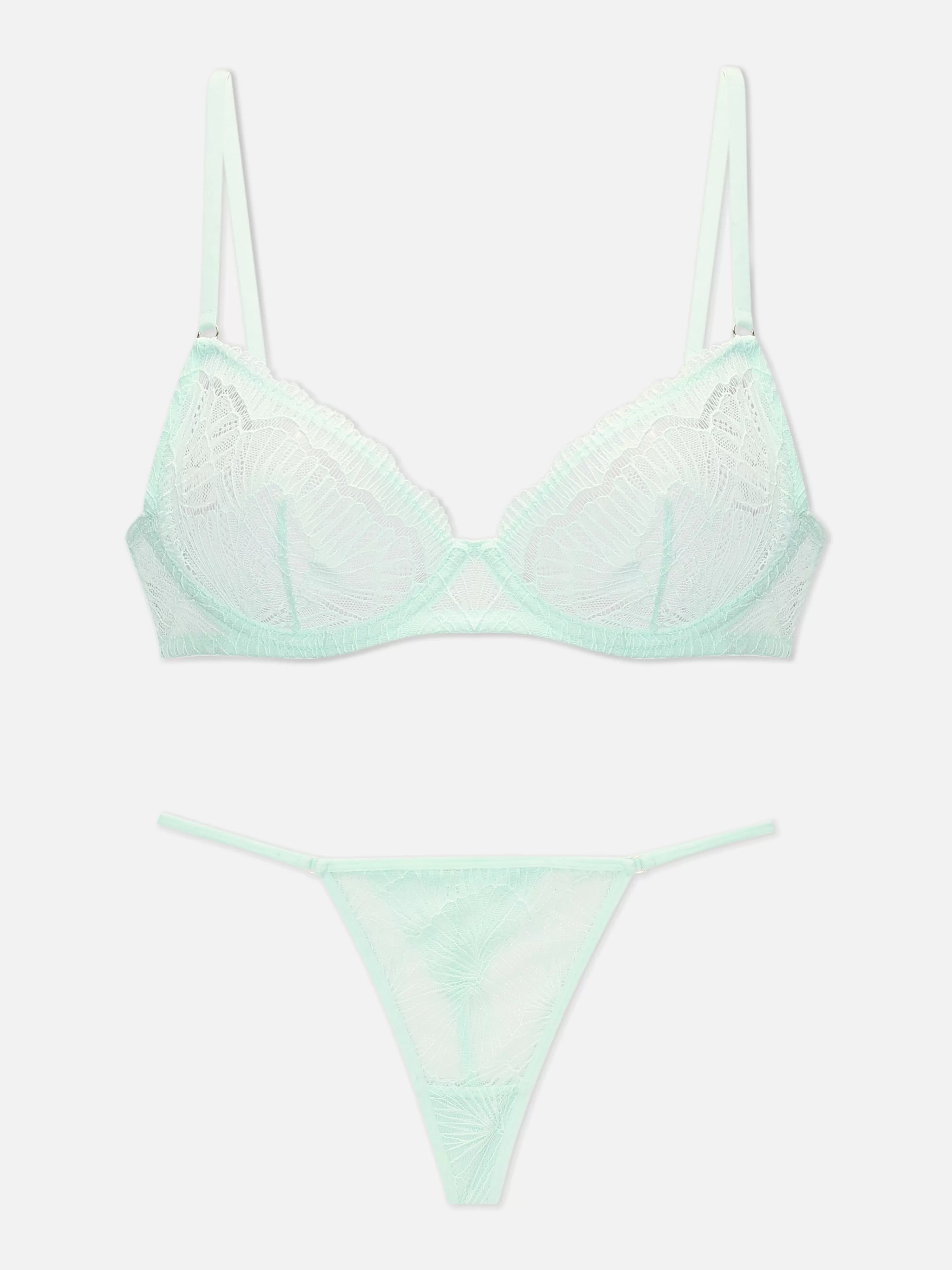 Conjuntos De Lingerie*Primark Conjunto Sutiã Renda Não Almofadado/tanga Fio Dental Verde-menta