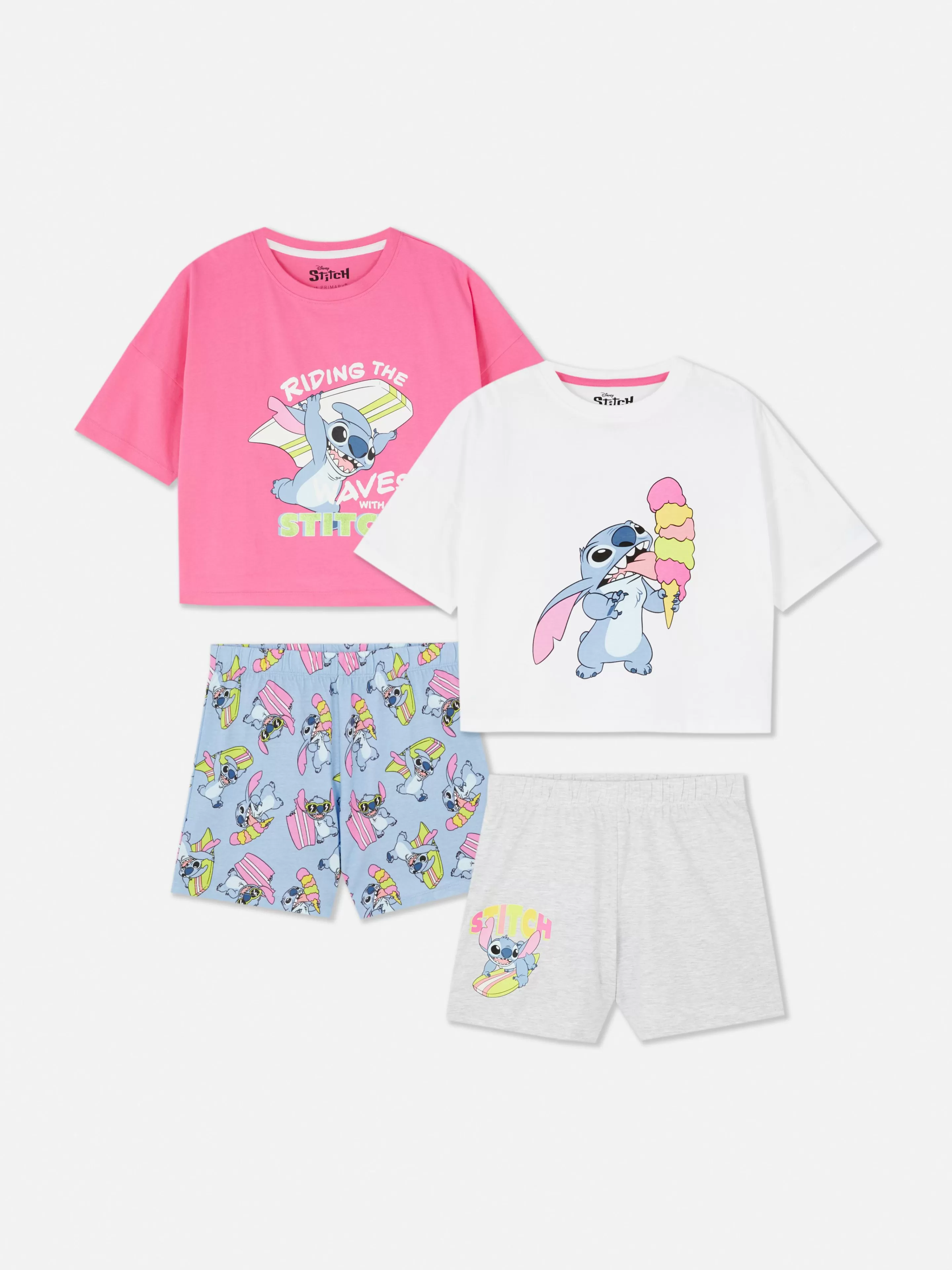 Pijamas E Roupa De Dormir*Primark Pack 2 Pijamas Manga Curta Disney Lilo & Stitch Branco