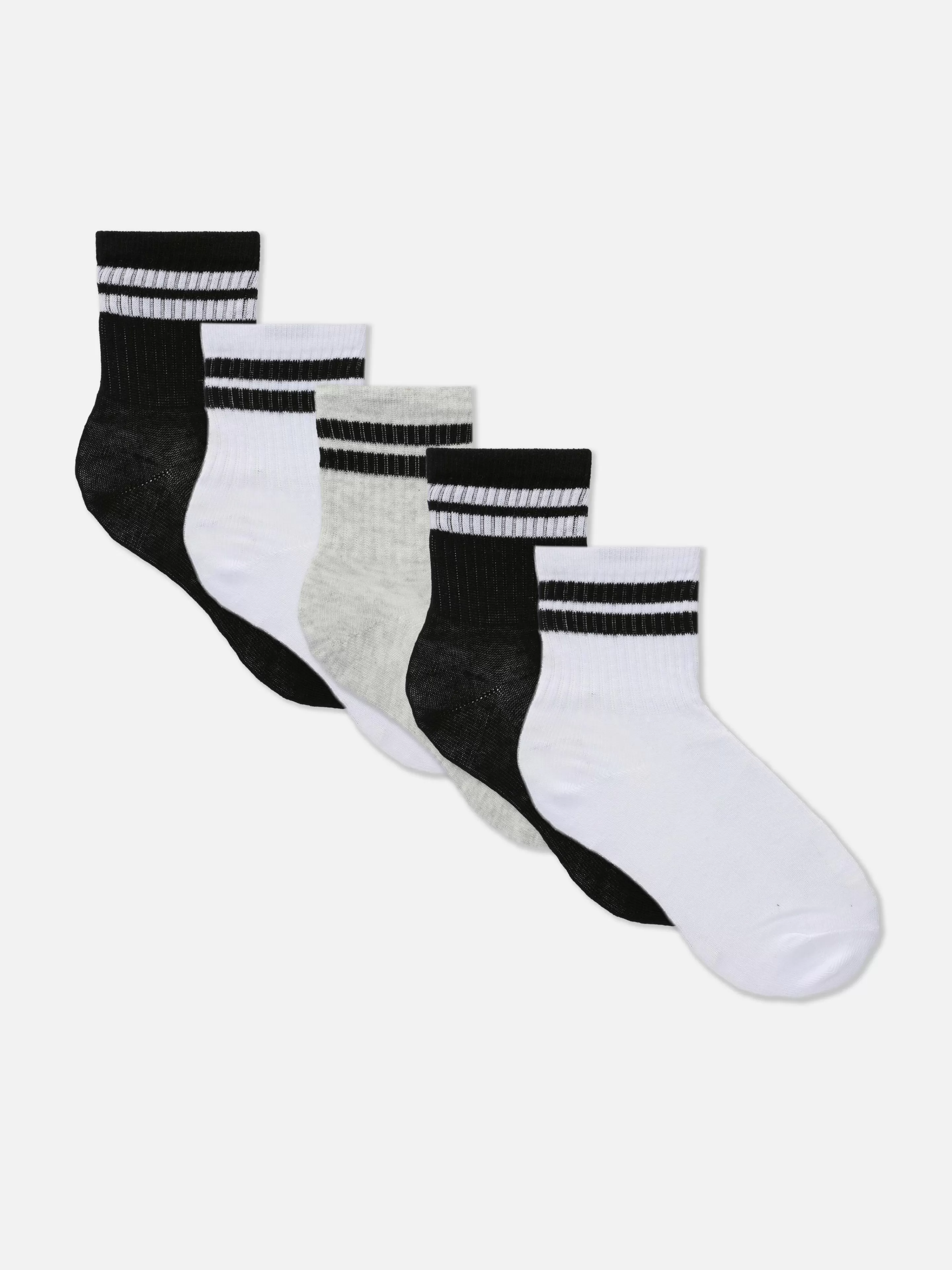 Meias*Primark Pack 5 Pares Meias Cano Médio Desporto Punho Riscas Preto