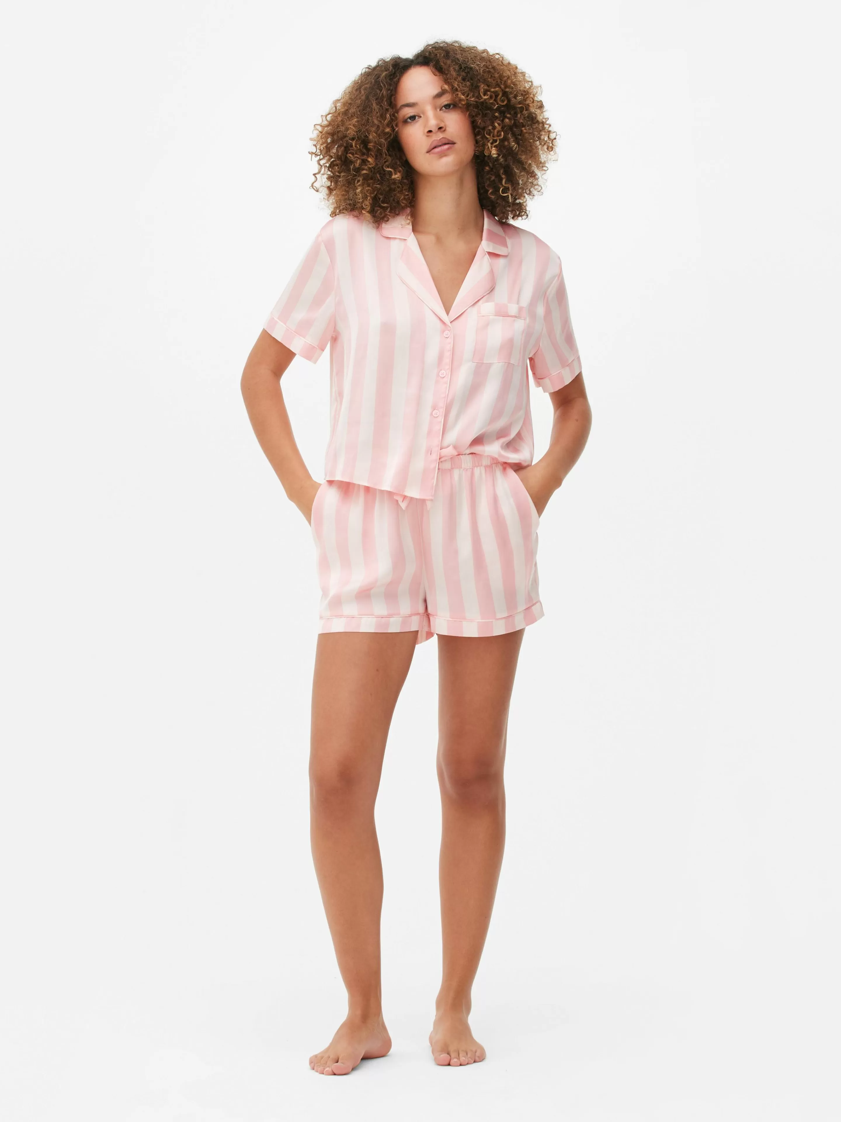 Pijamas*Primark Pijama Camisa/calções Cetim Rosa-claro