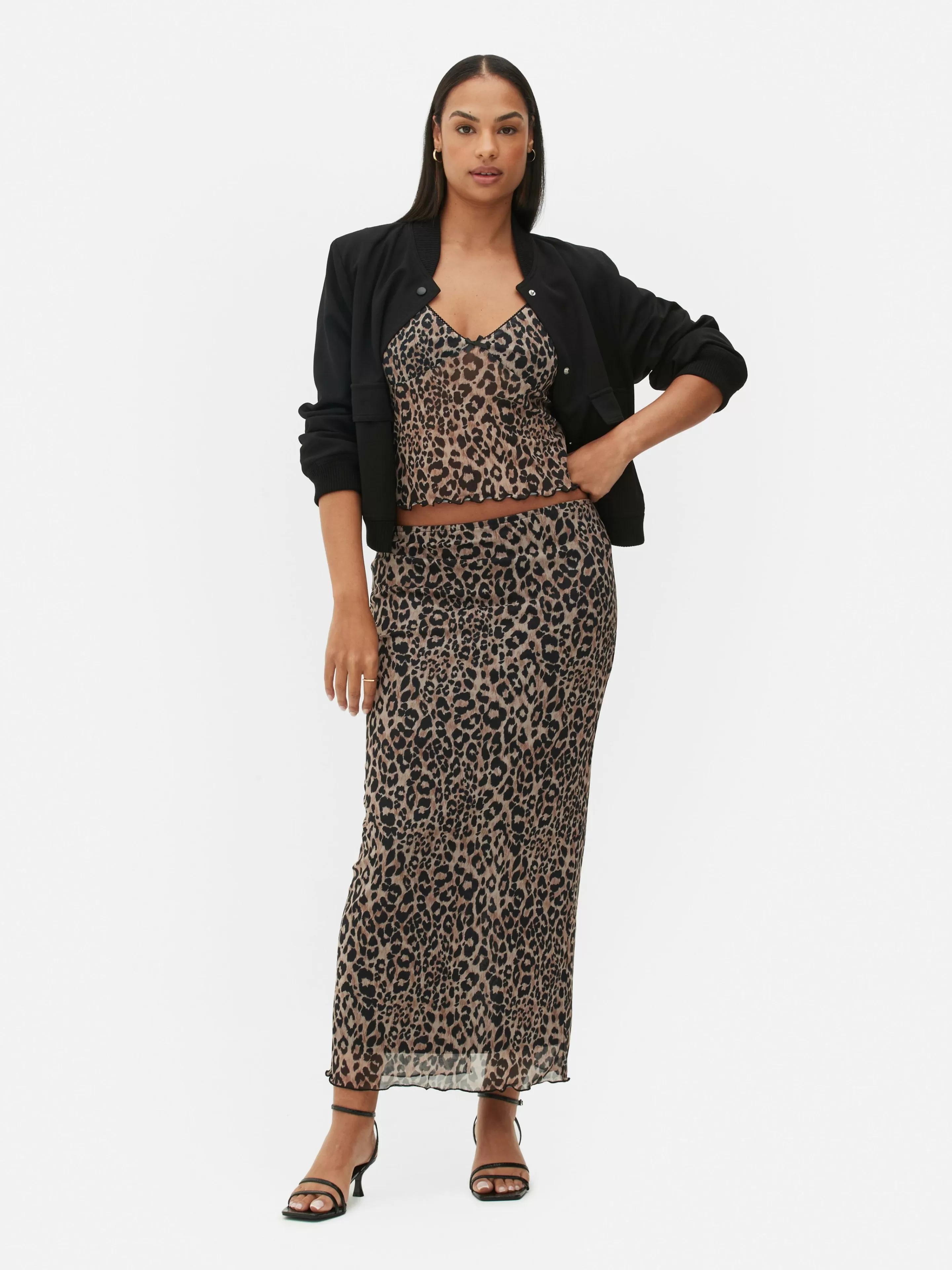 Saias*Primark Saia Midi Coordenada Sobreposição Malha Padrão Leopardo Multicolor