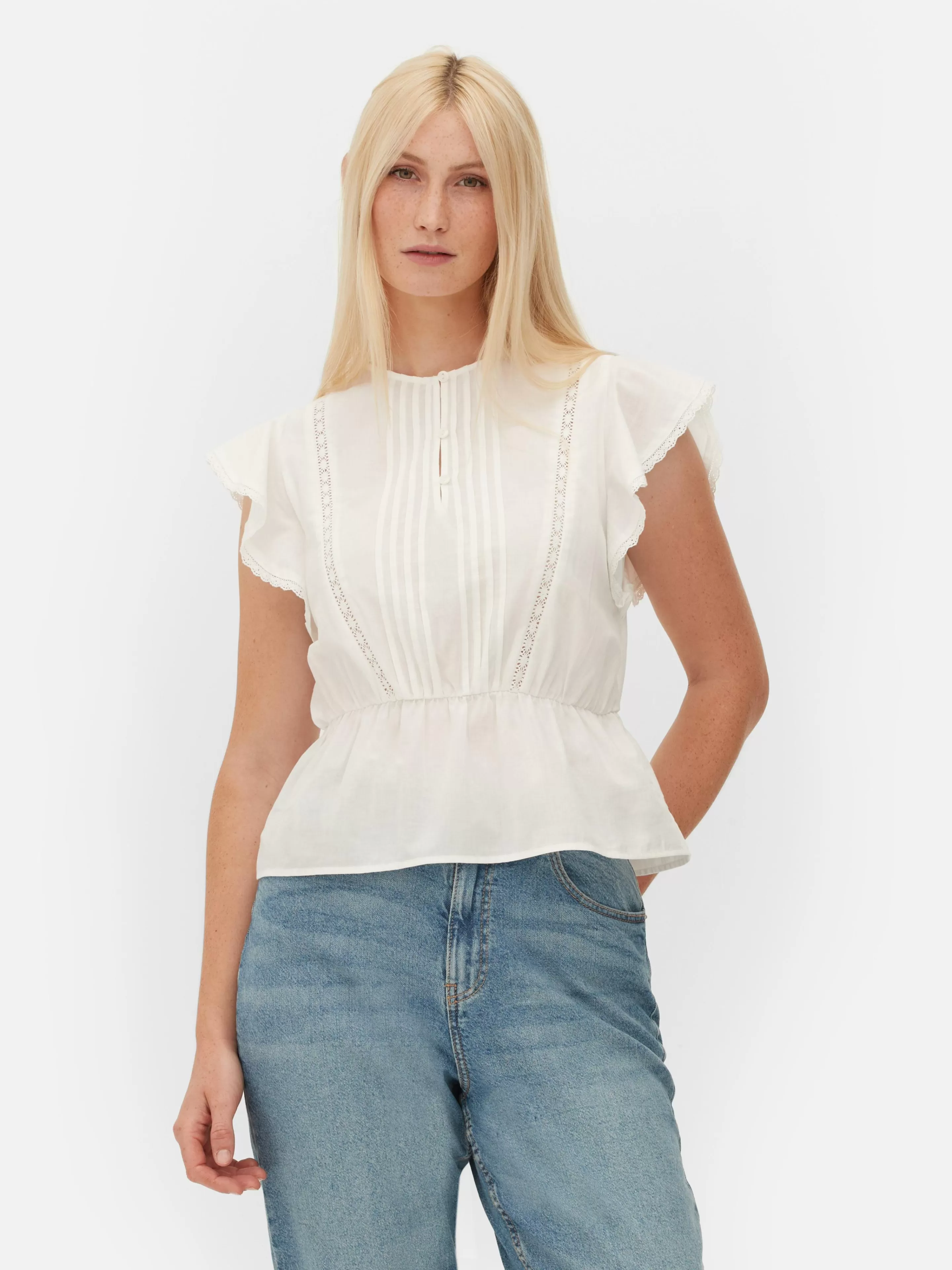 Camisas E Blusas*Primark Top S/ Mangas Bordado Inglês Vitoriano Branco