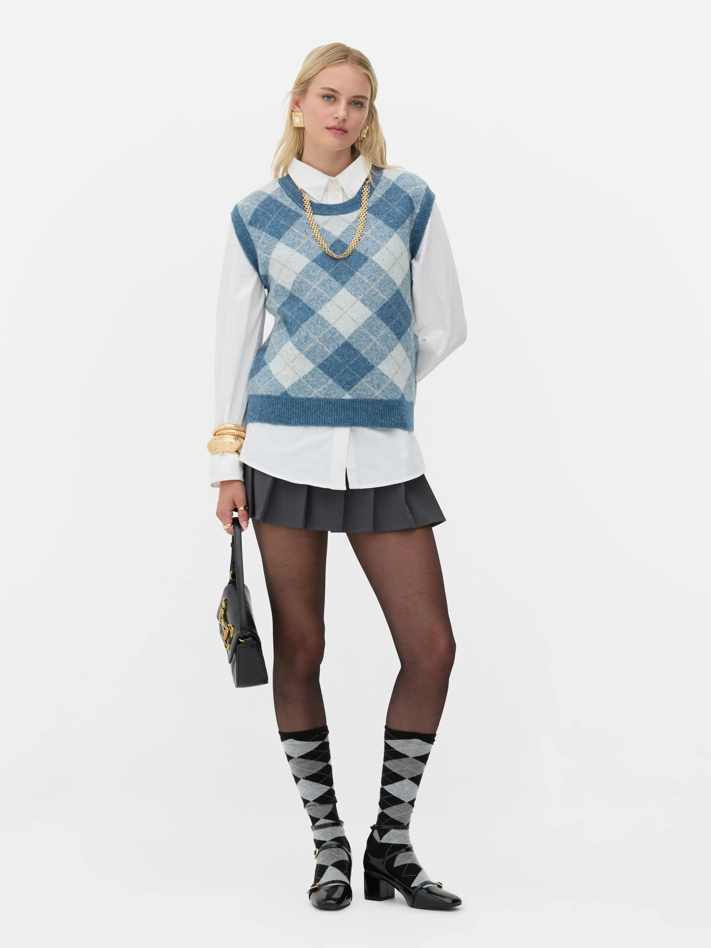 Agasalhos Inverno | Camisolas E Casacos De Malha*Primark Top S/ Mangas Conj. Coord Malha Argyle Rita Ora Azul