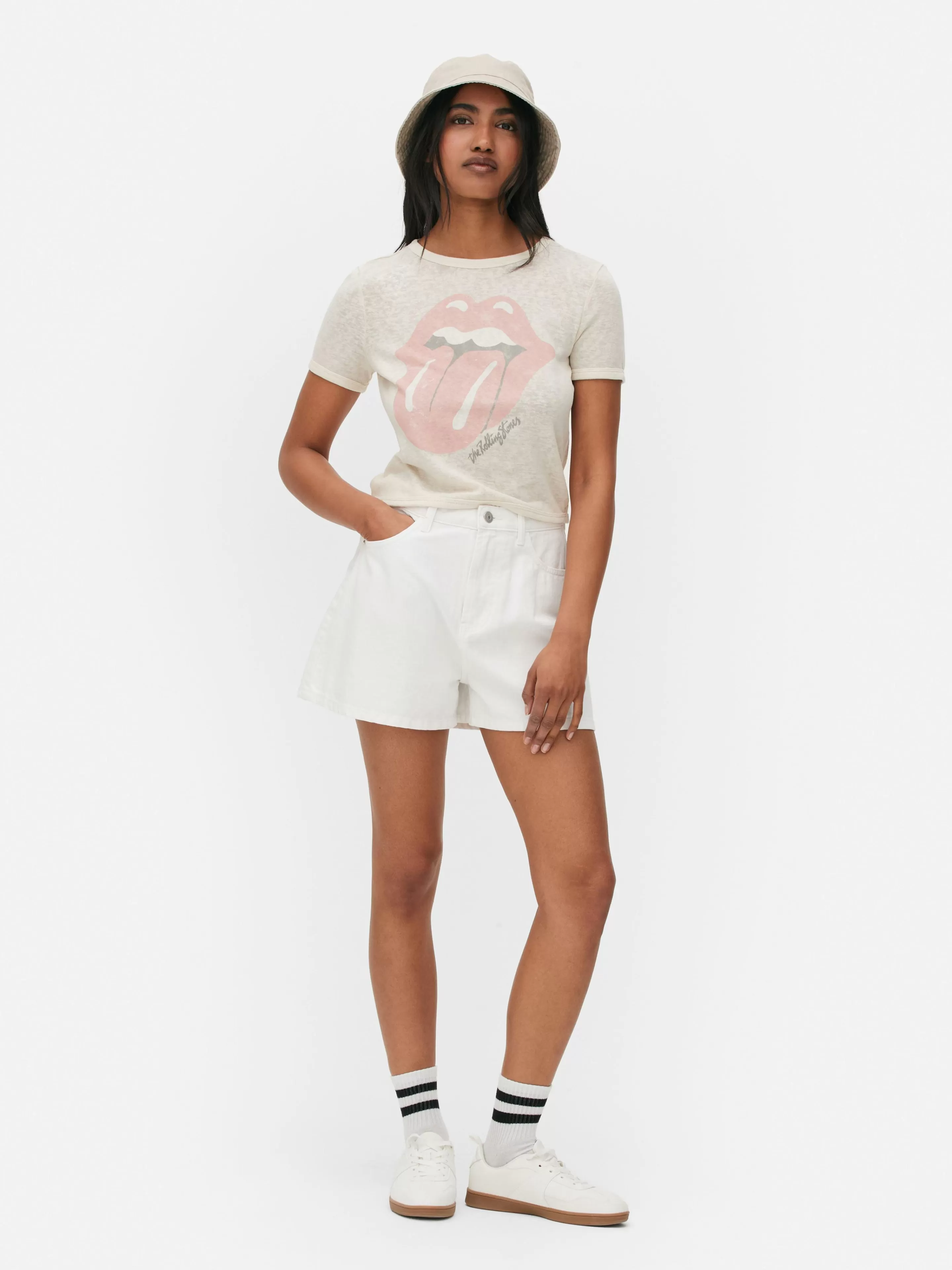 Tops E T-Shirts*Primark T-shirt Curta Logótipo The Rolling Stones Bege