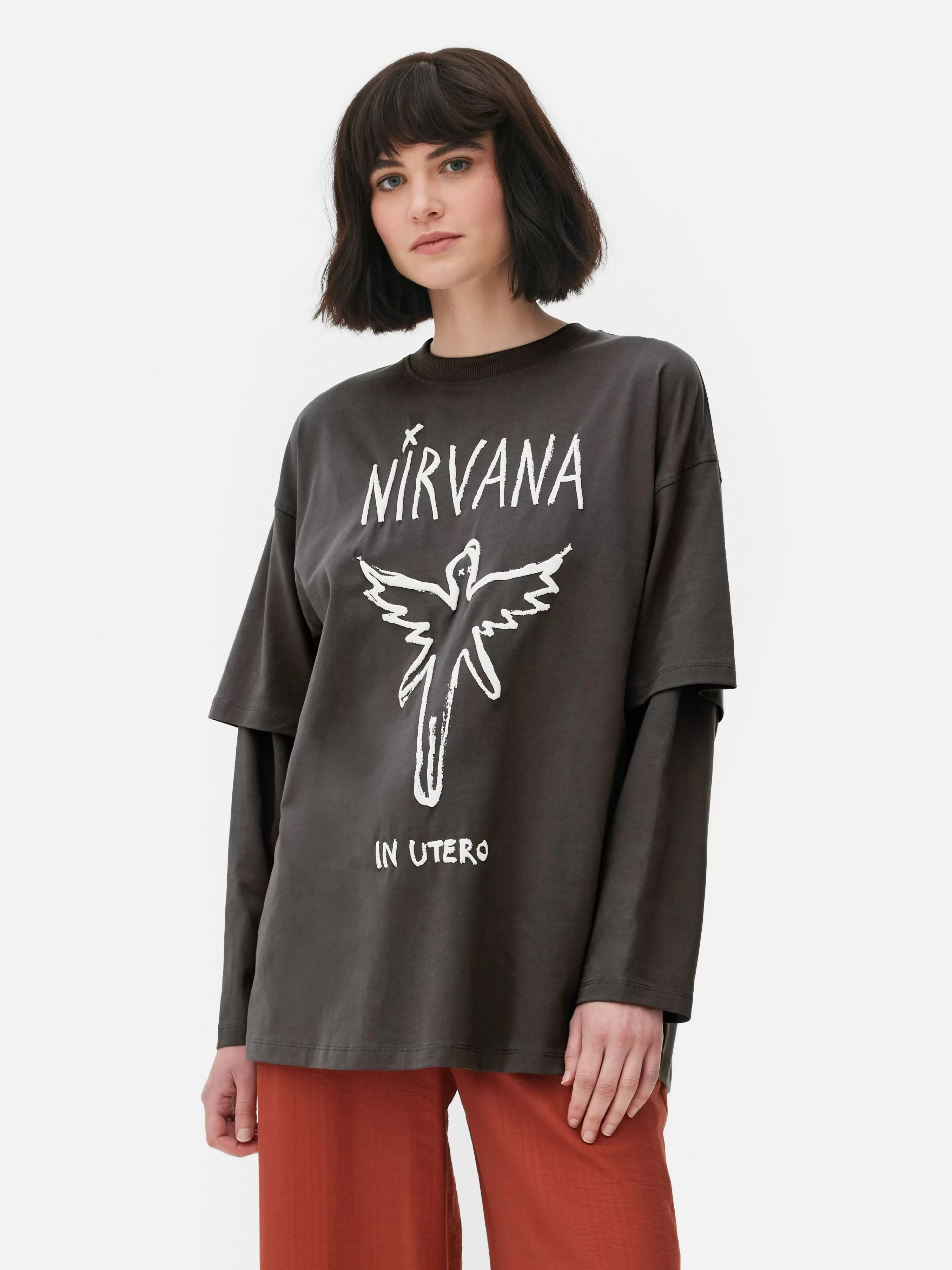 Tops E T-Shirts*Primark T-shirt Dupla Camada Nirvana Carvão