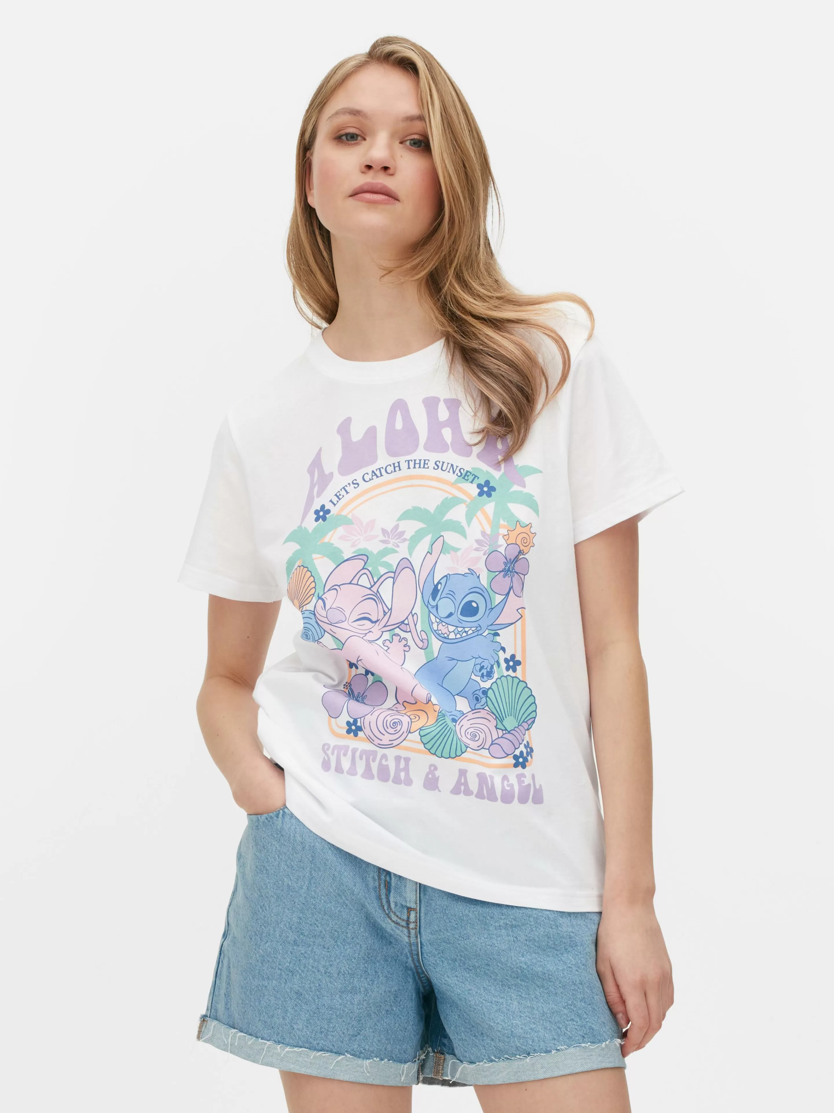 Tops E T-Shirts*Primark T-shirt Estampada Disney Stitch Aloha Branco