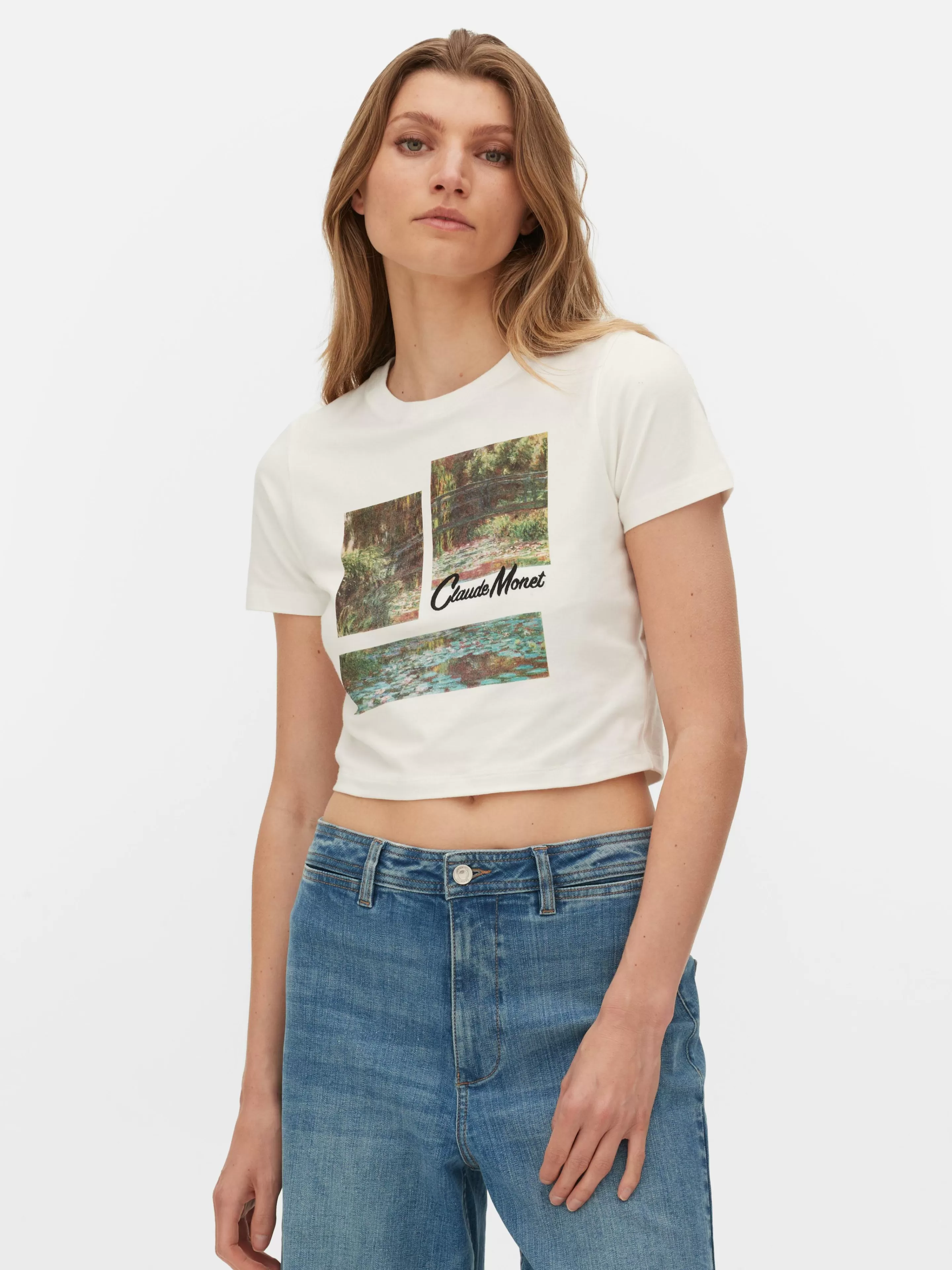 Tops E T-Shirts*Primark T-shirt Gráfica Curta Claude Monet Marfim