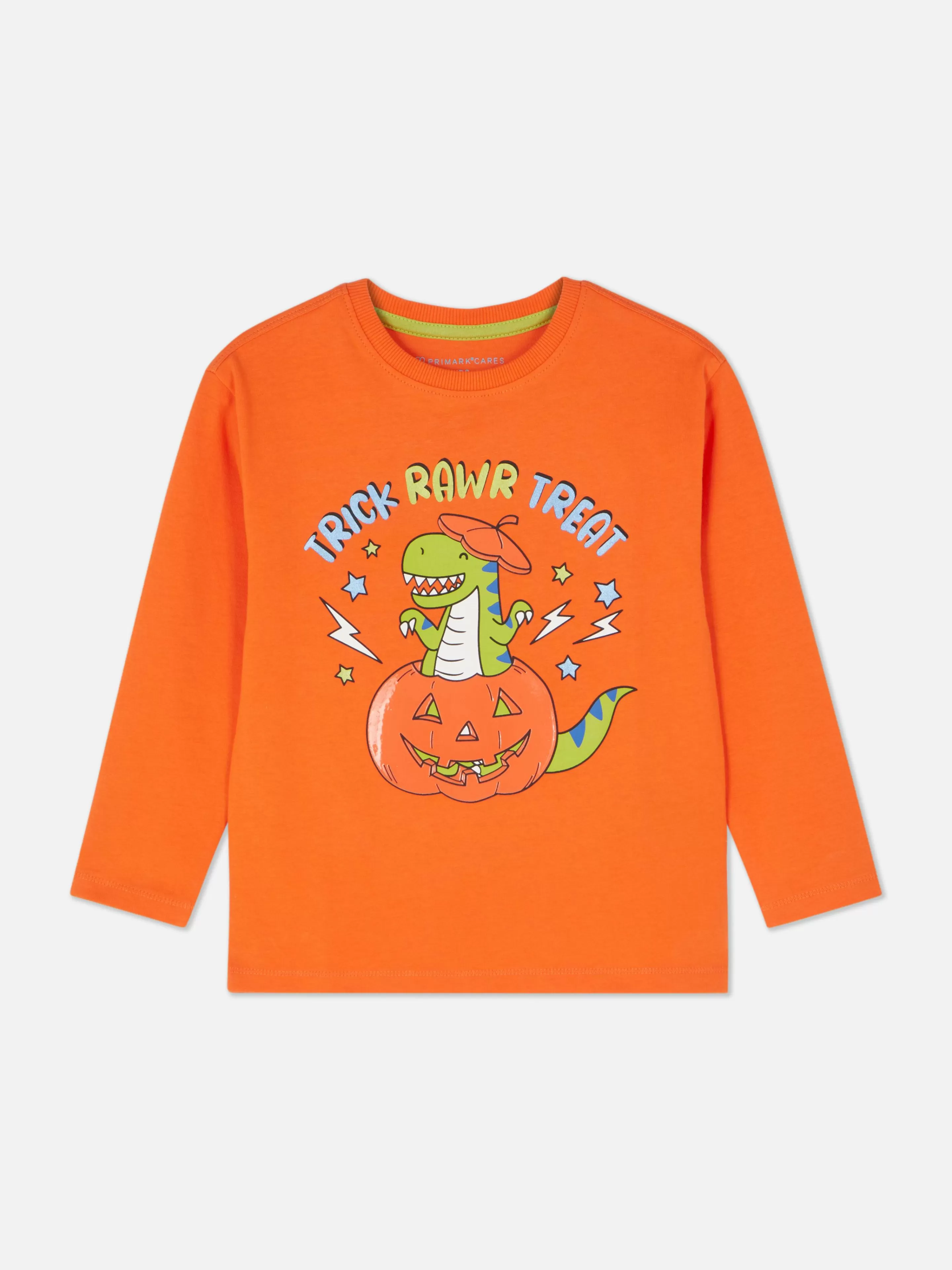 Tops E T-Shirts*Primark T-shirt Manga Comprida Estampado Dinossauro Halloween Cor de laranja