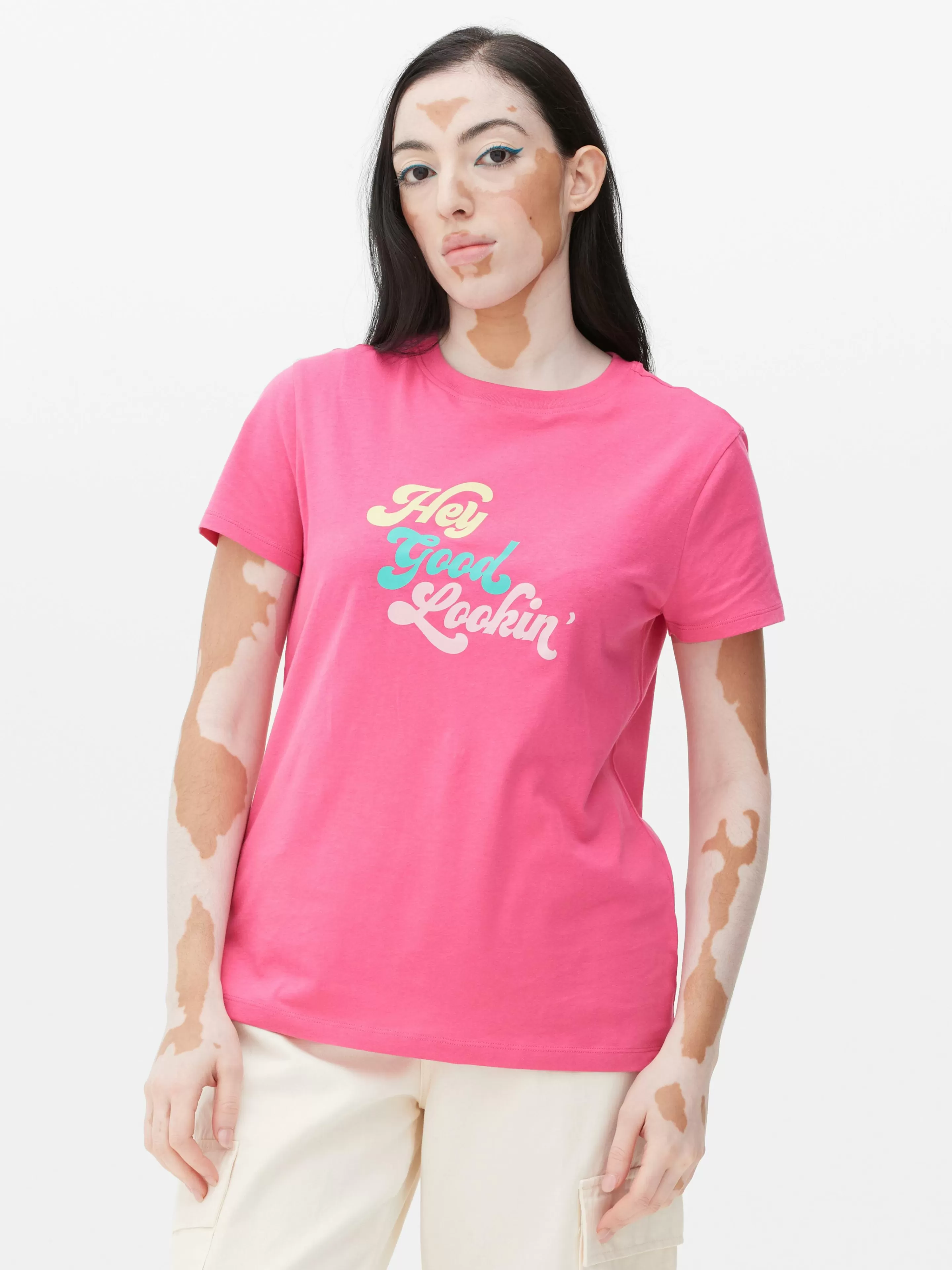 Tops E T-Shirts*Primark T-shirt Slogan Estampado Cor-de-rosa