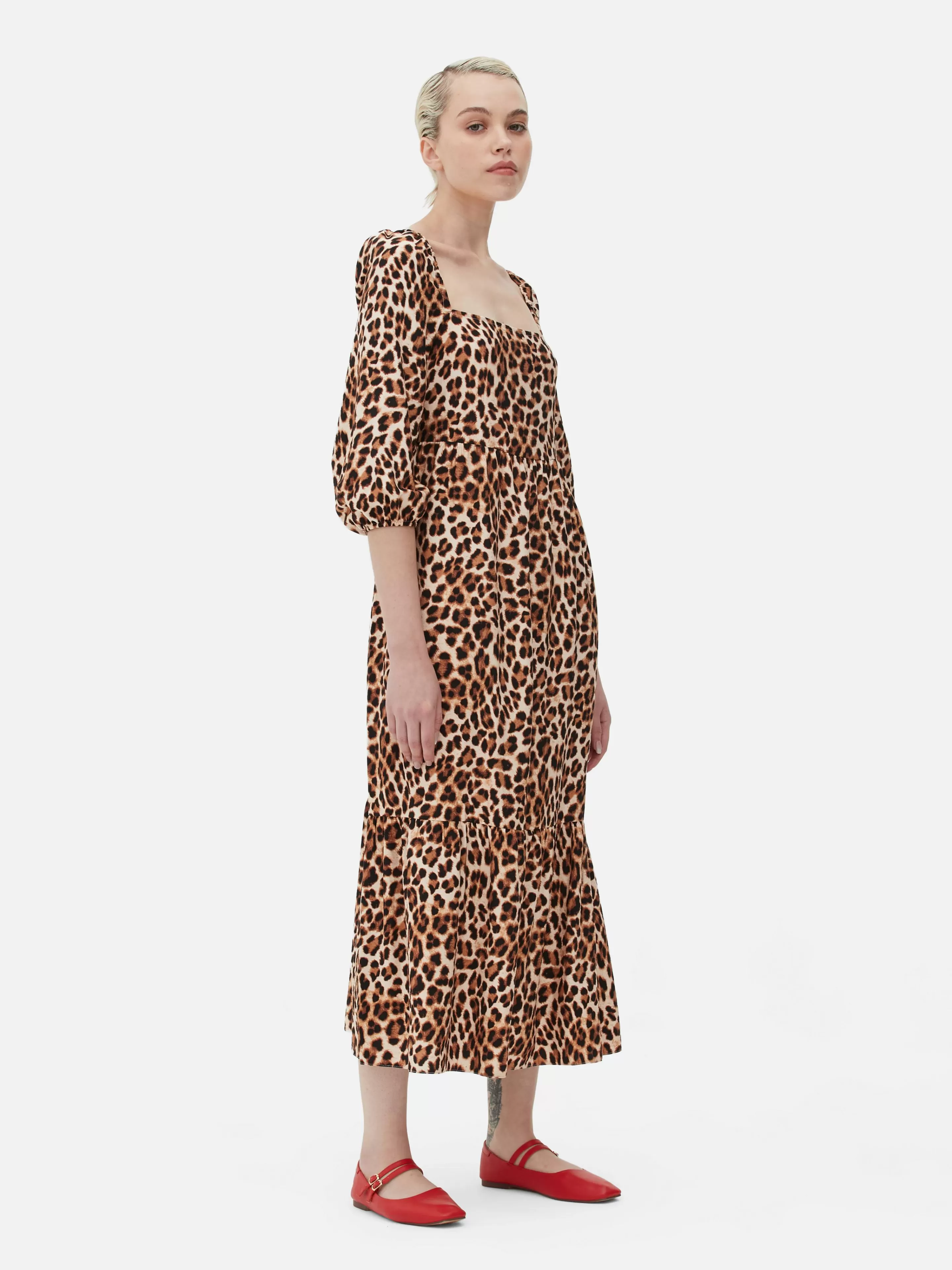 Vestidos*Primark Vestido Midi Decote Quadrado Leopardo Bege