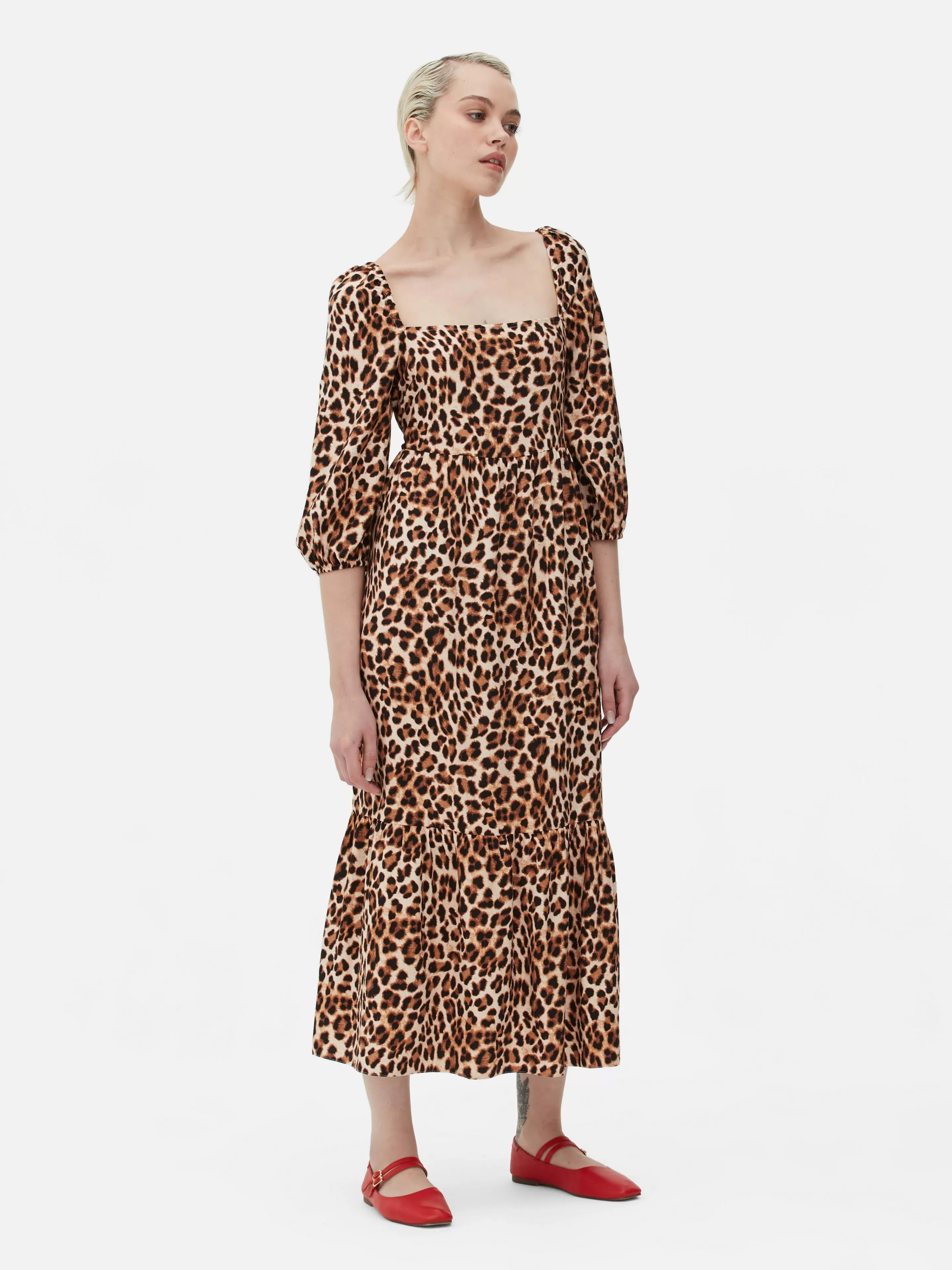 Vestidos*Primark Vestido Midi Decote Quadrado Leopardo Bege