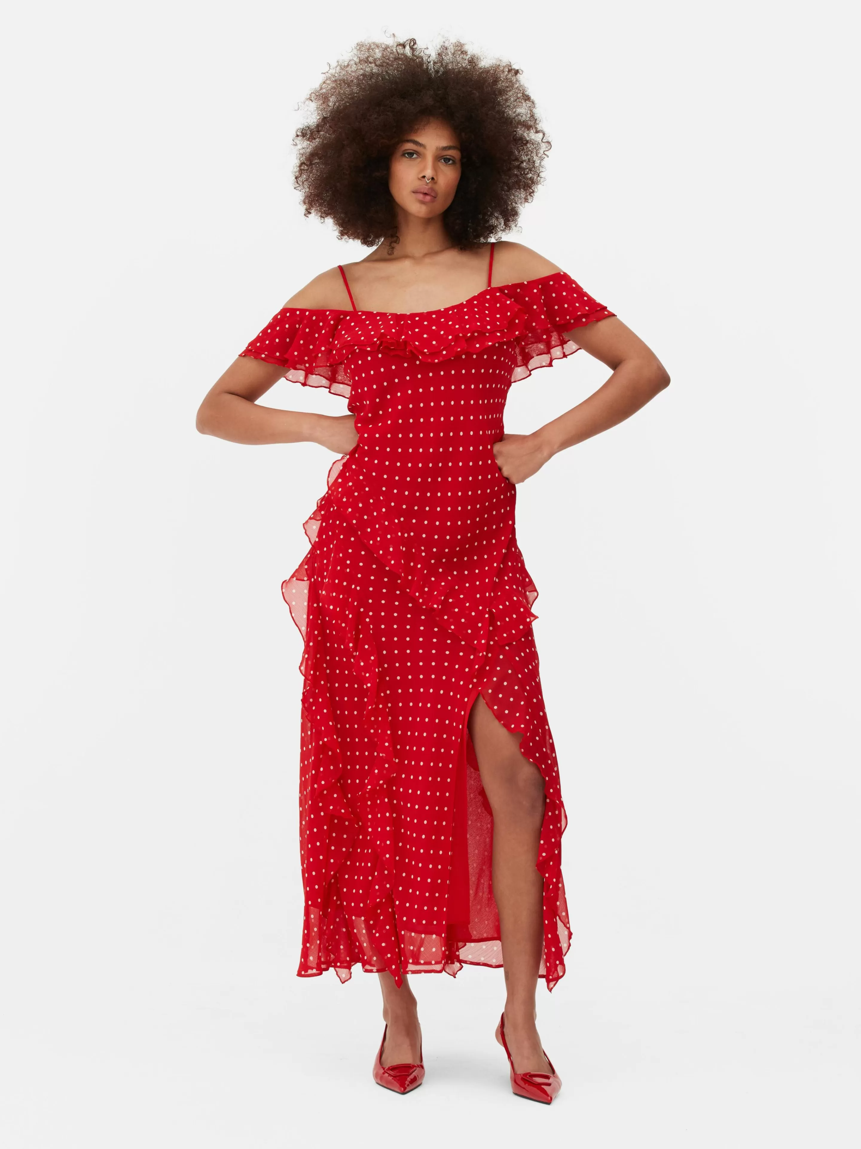 Vestidos*Primark Vestido Midi Folhos Bolinhas Vermelho