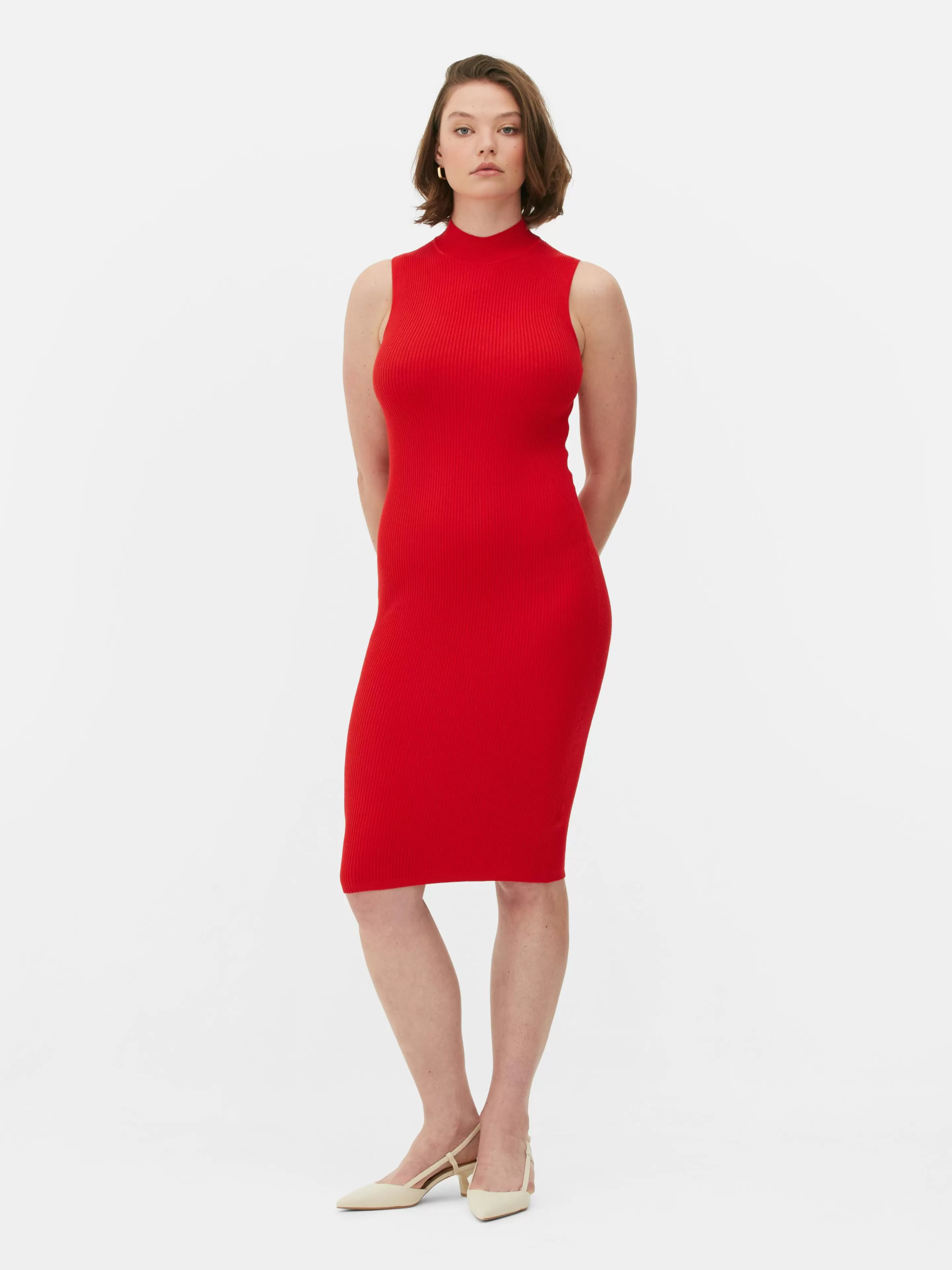 Vestidos*Primark Vestido Midi Malha S/ Mangas Vermelho