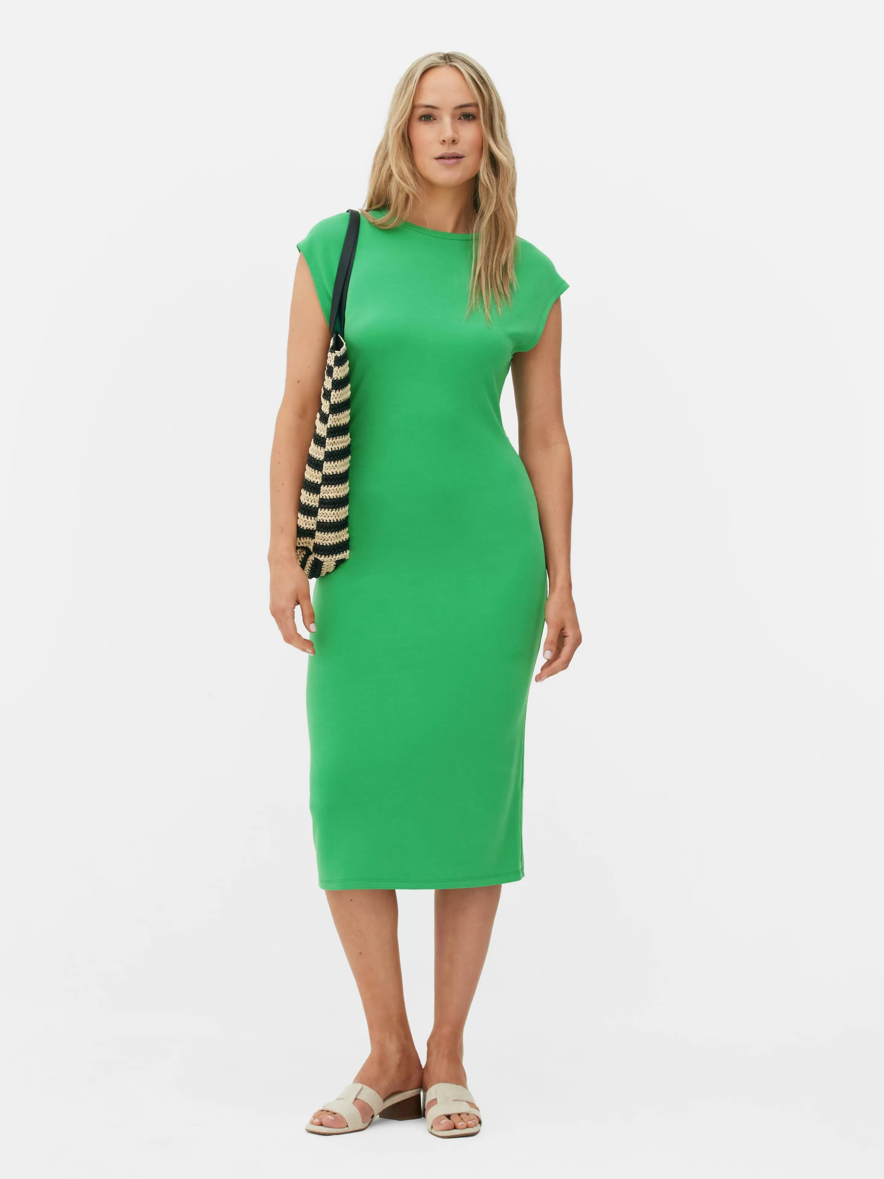 Vestidos*Primark Vestido Midi S/ Mangas Franzido Verde